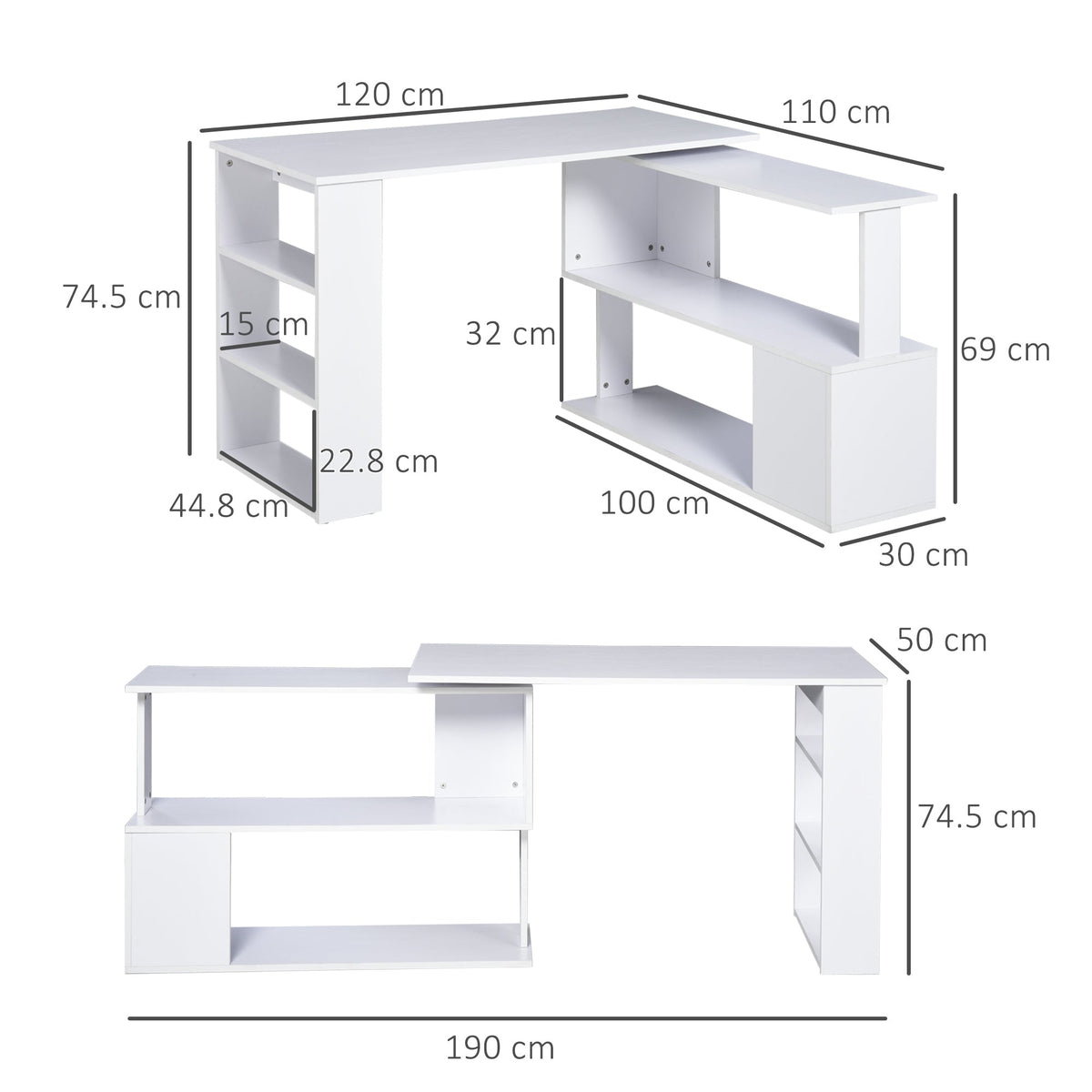 HOMCOM Corner Computer Desk, L Shaped Desk with 360 degrees Rotating Bookshelf, 120L x 110W x 74.5H cm, White