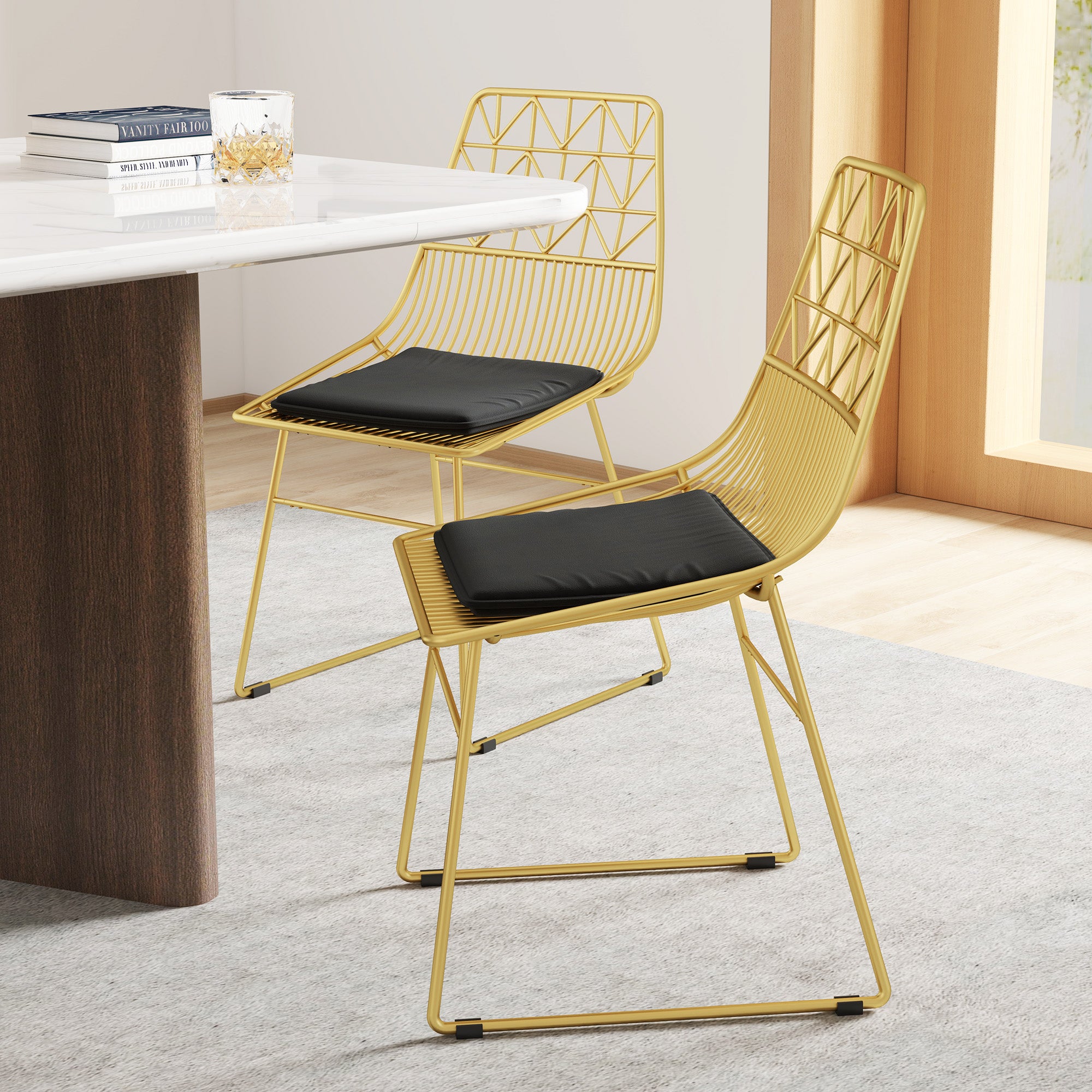 HOMCOM Luxurious Dining Chairs Set of 4, Metal Wire Kitchen Chair with Removable Velvet-feel Cushion, Cut-out Back and Steel Frame for Dining Room, Gold Tone