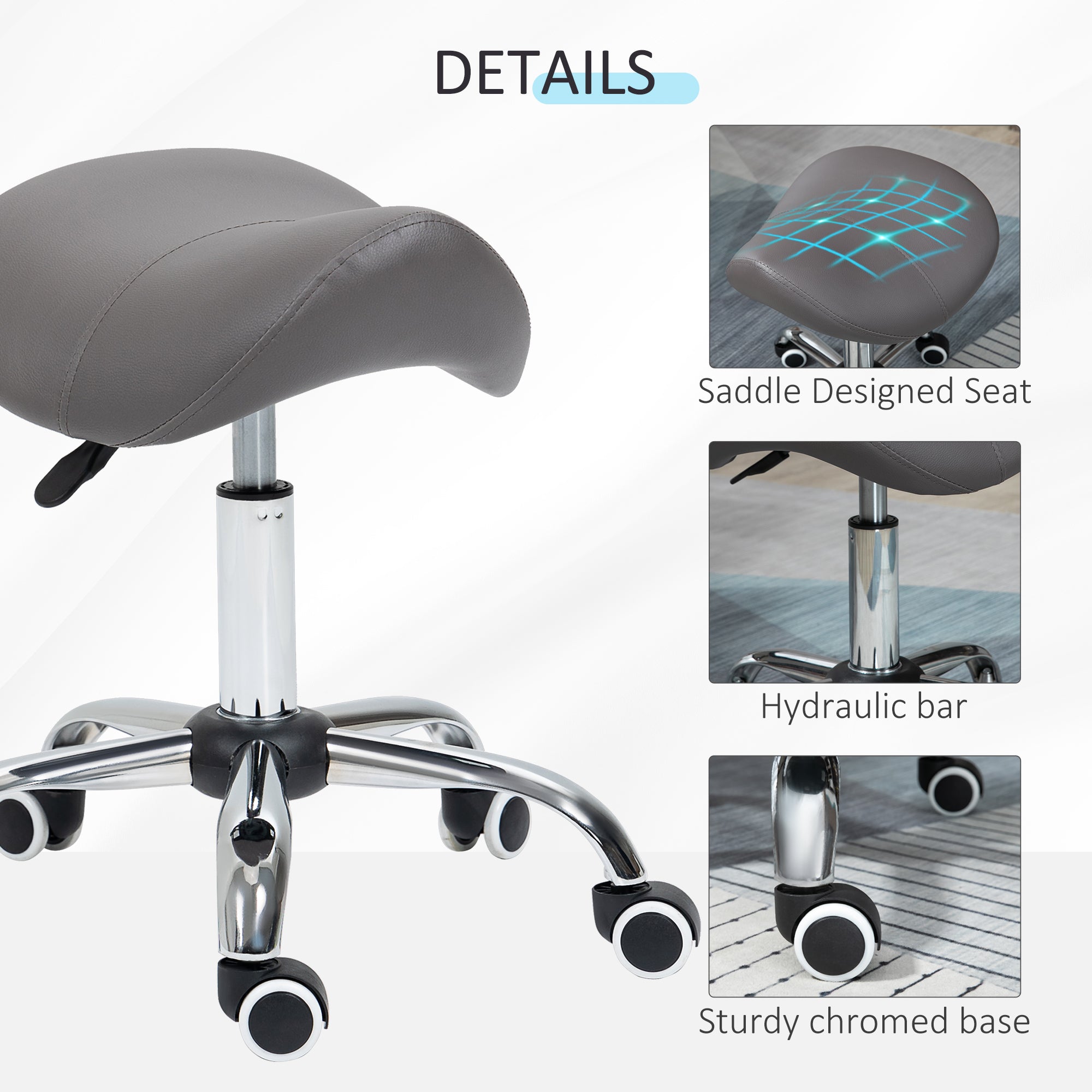 HOMCOM Cosmetic Stool 360√Ç¬∞ Rotate Height Adjustable Salon Massage Spa Chair Hydraulic Rolling Faux Leather Saddle Stool, Grey