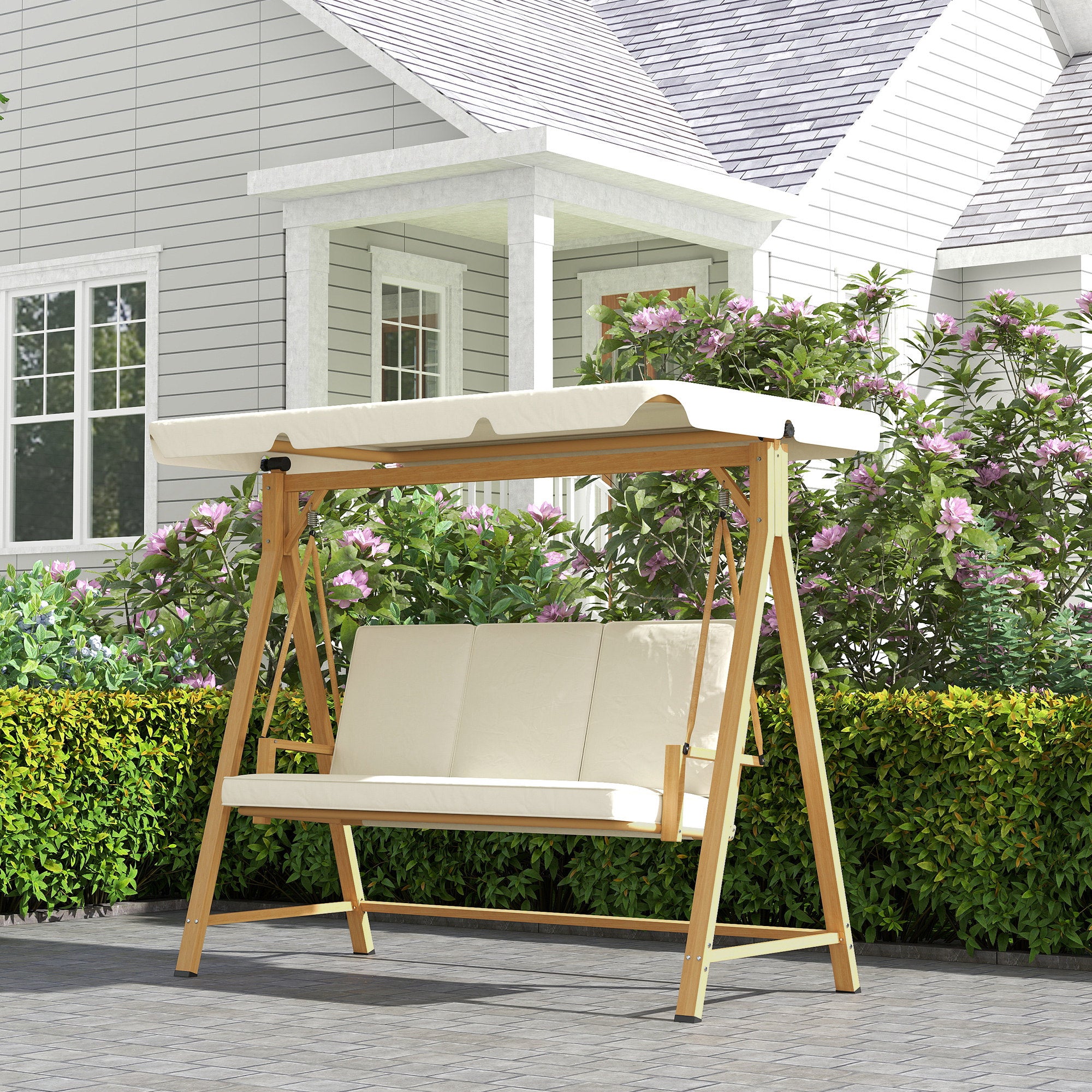 Outsunny Three-Seater Garden Swing Bench, with Adjustable Canopy - Beige