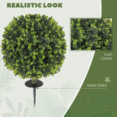 HOMCOM Set of 2 40 cm Artificial Boxwood Topiary Ball Bush with Integrated Ground Stake, Eucalyptus Leaves, Indoor Outdoor UV Resistant Faux Greenery, Faux Plants for Garden, Porch, Balcony