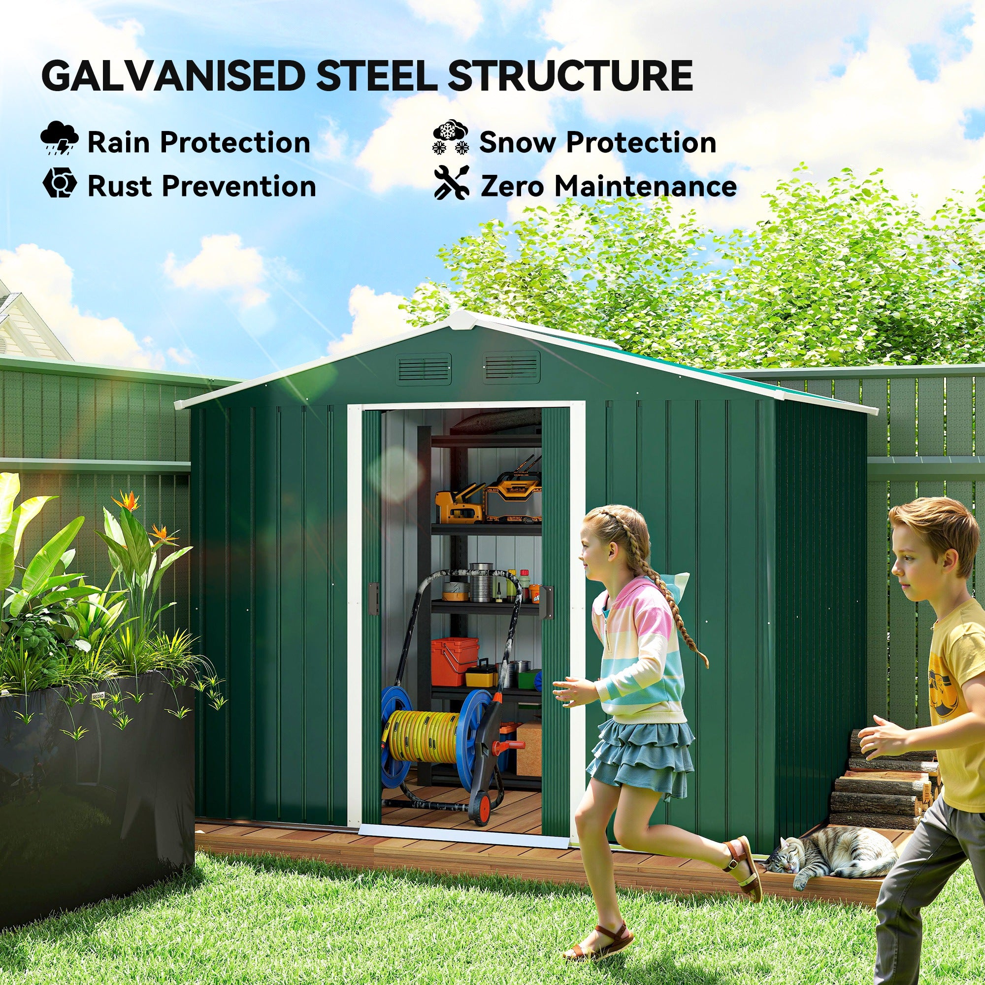 Outsunny 7.7 x 5.7ft Metal Garden Shed with Ventilation Slots and Sliding Doors, Galvanised Outdoor Tool Storage House, Green