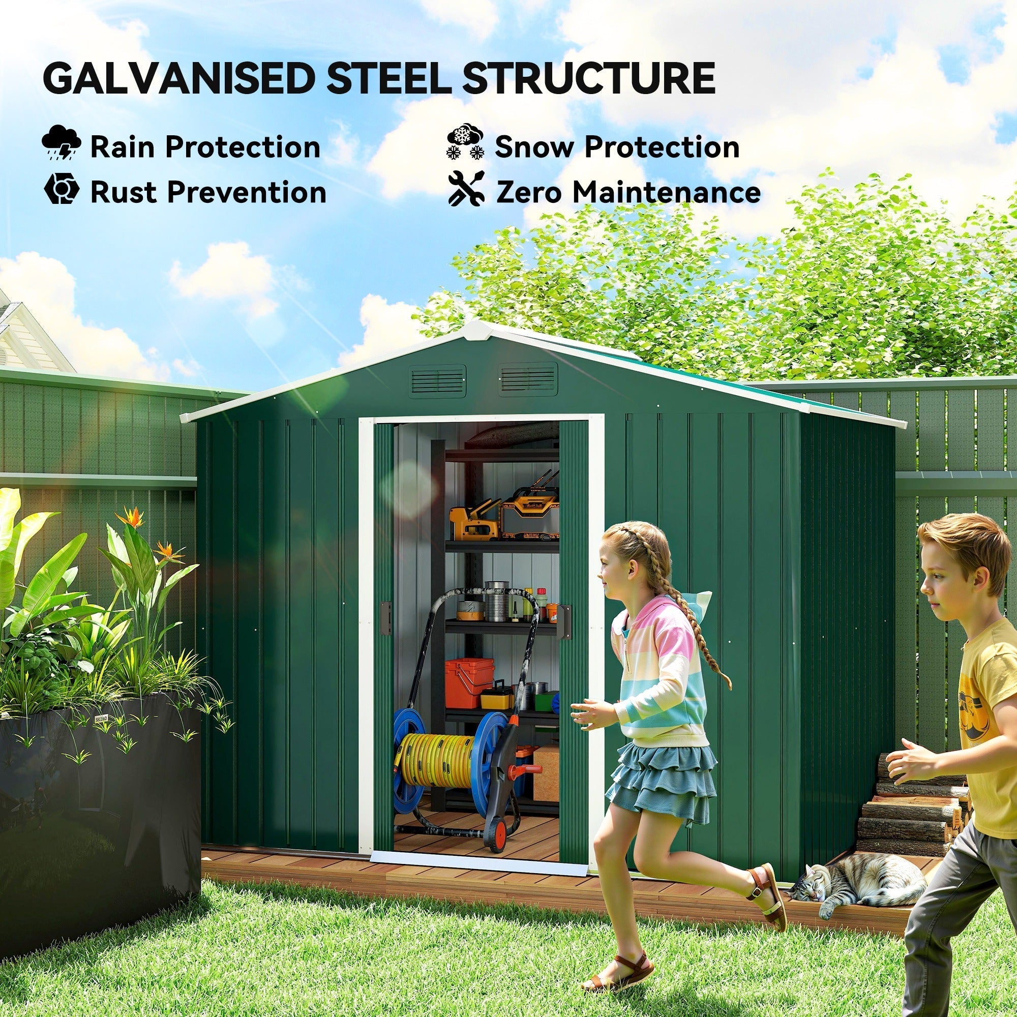 Outsunny Large Garden Storage Shed, 7.7 x 5.7 with Ventilation Slots and Sliding Doors for Gardeners, Green