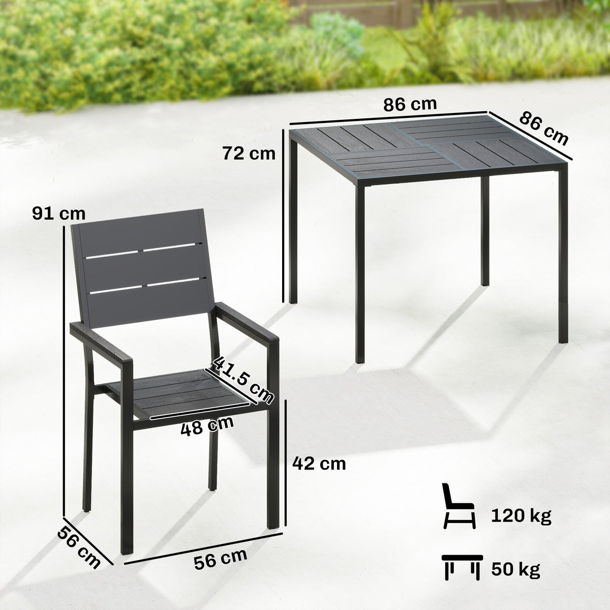 Outsunny 5 Pieces Garden Dining Set, Garden Table and Chairs Set for 4 with Square HDPE Table and Chairs with Armrests, Black