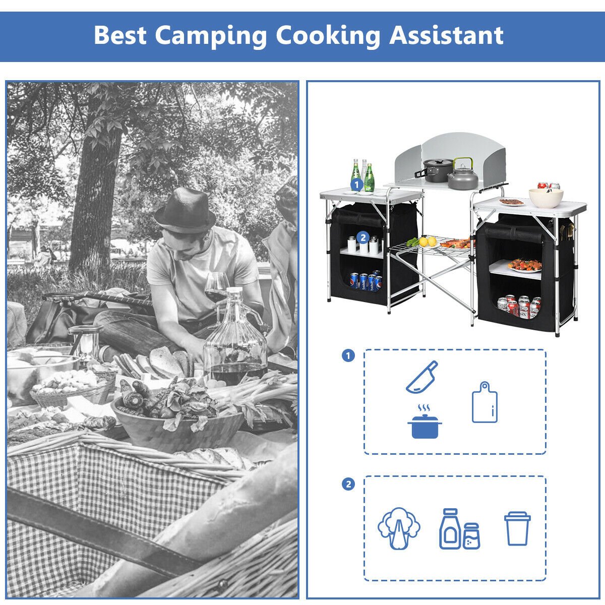 2 in 1 Folding Aluminium Table with Windshield-Black