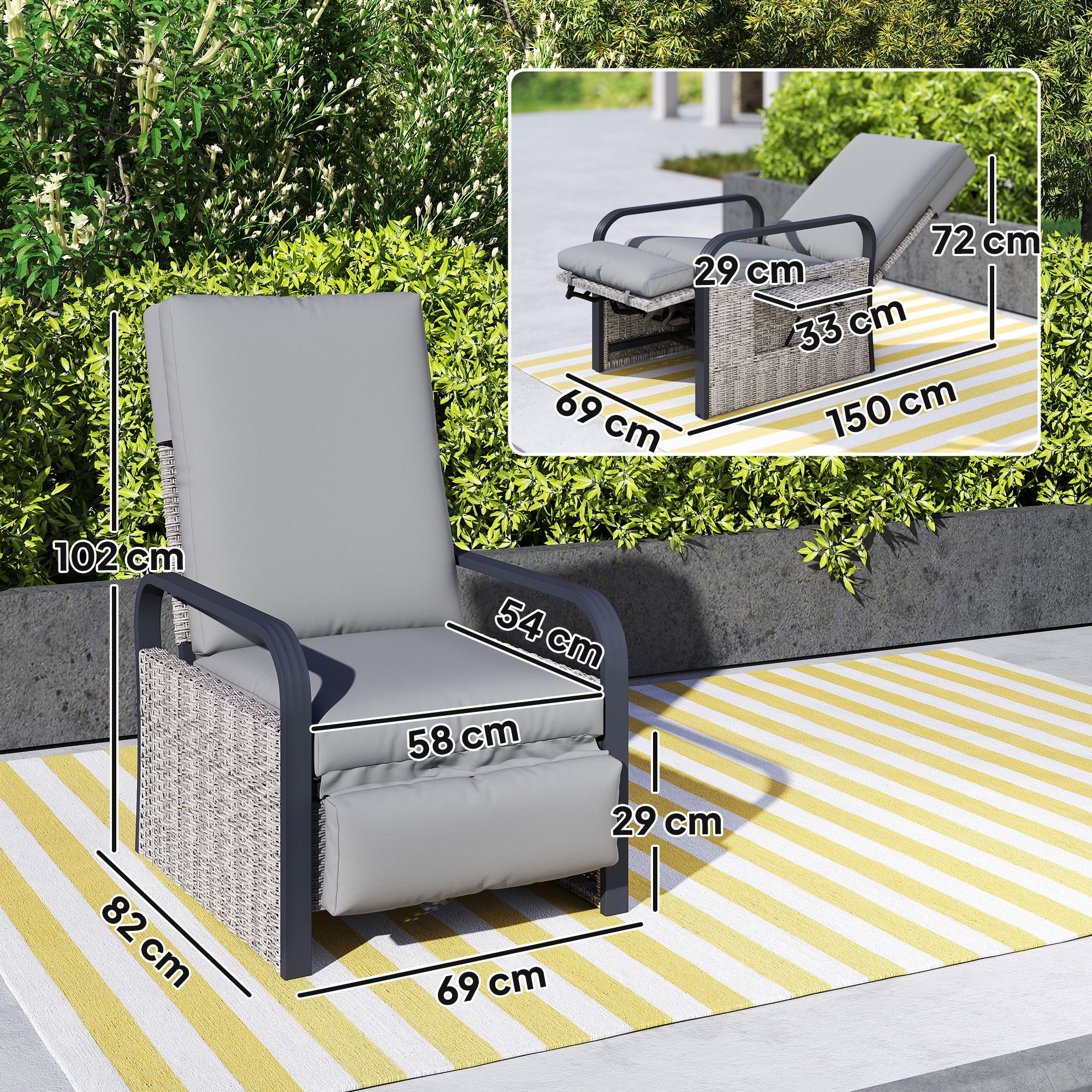 Outsunny 140√Ç¬∞ Reclining Rattan Armchair - Mixed Grey