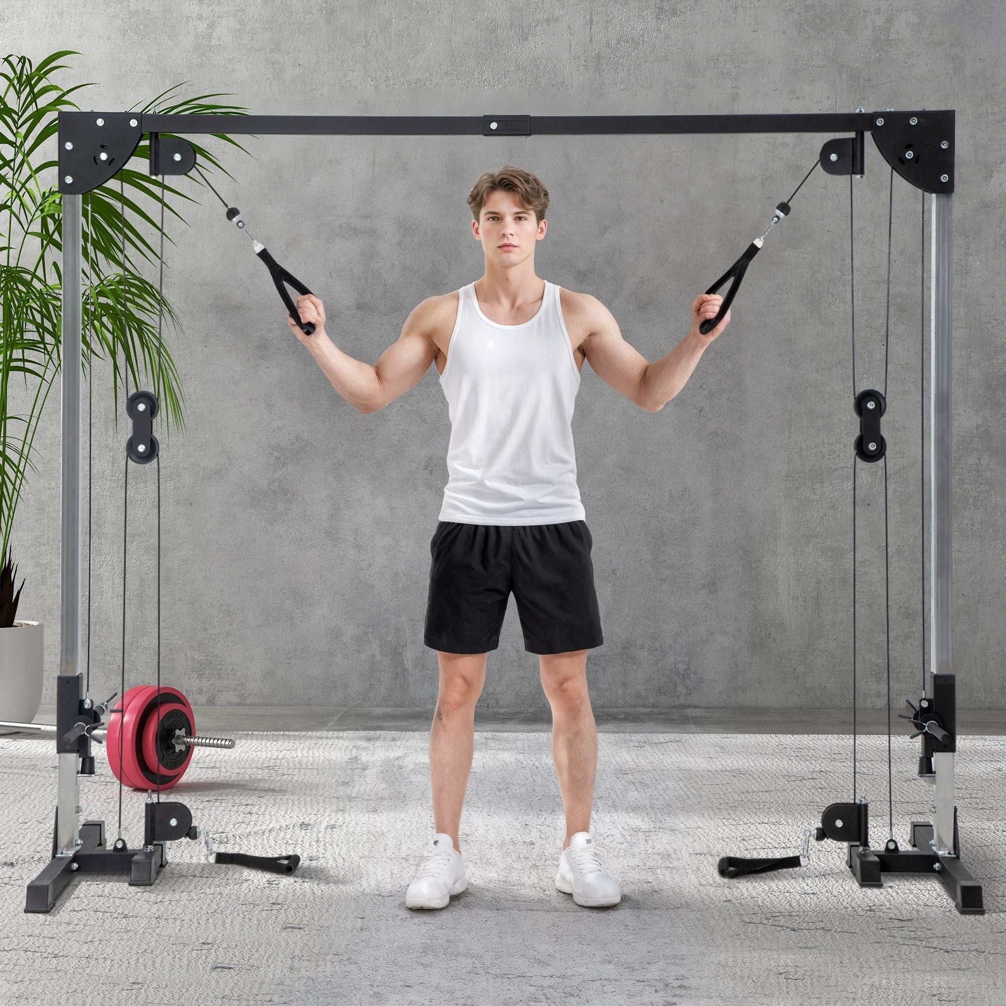 SPORTNOW Multi Home Gyms with Cable Pulley System, Cable Crossover Machine with 4 Handles for Full Body Strength Training, Power Rack for Home Workout, Black