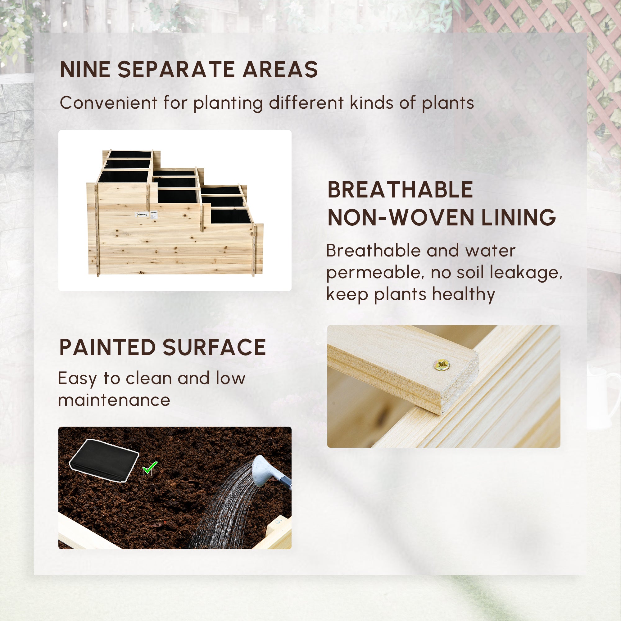 Outsunny 117cm x 100cm x 54cm 3 Tier Raised Garden Bed 376L Fir Wood Elevated Planter Flower Box with 9 Grow Grids and Non-woven Fabric for Vegetables, Flower, Herb Outdoor Indoor Use