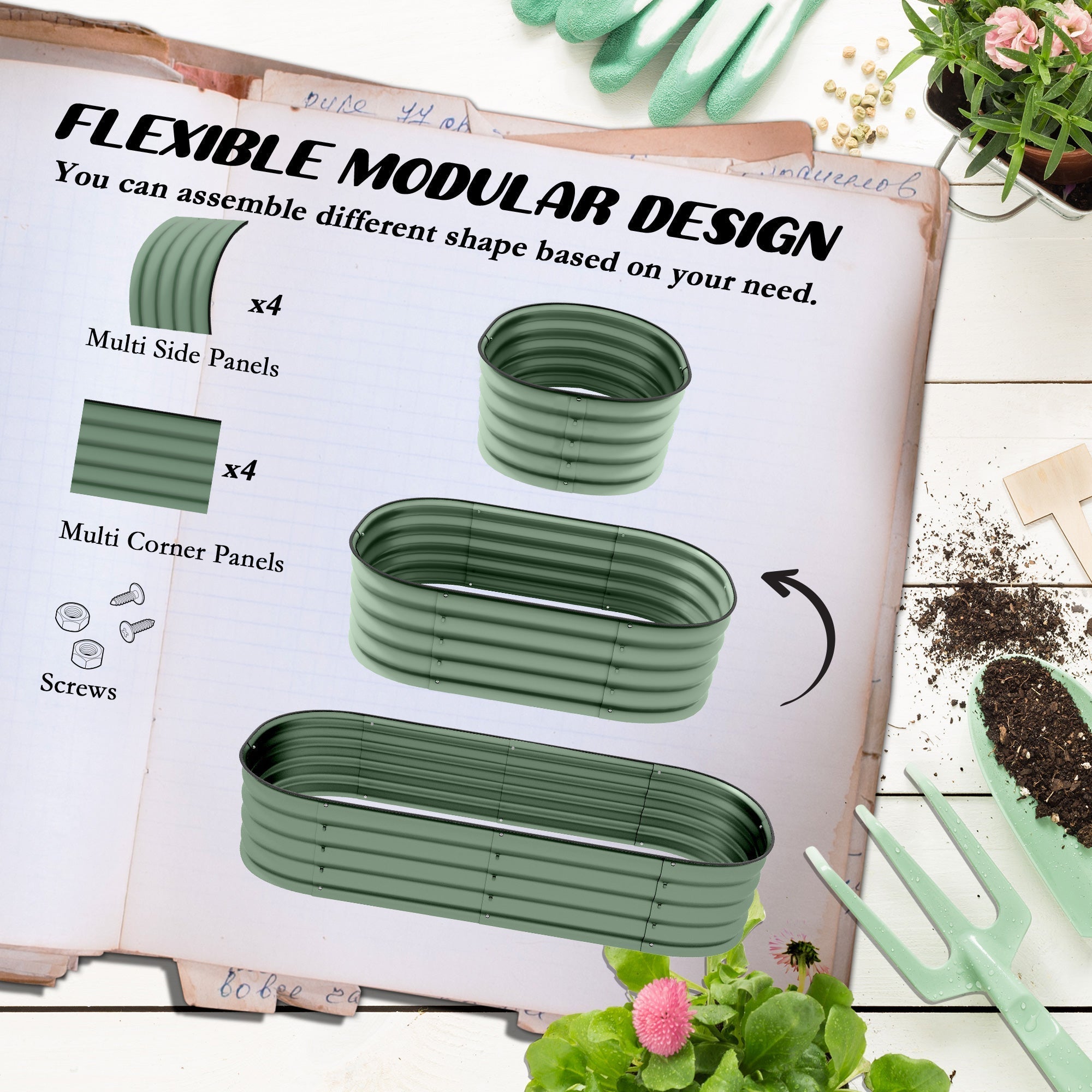 Outsunny Galvanised Raised Garden Bed, Metal Planter Box with Safety Edging, for Flowers, Herbs, Succulents, Pack of 2, Green
