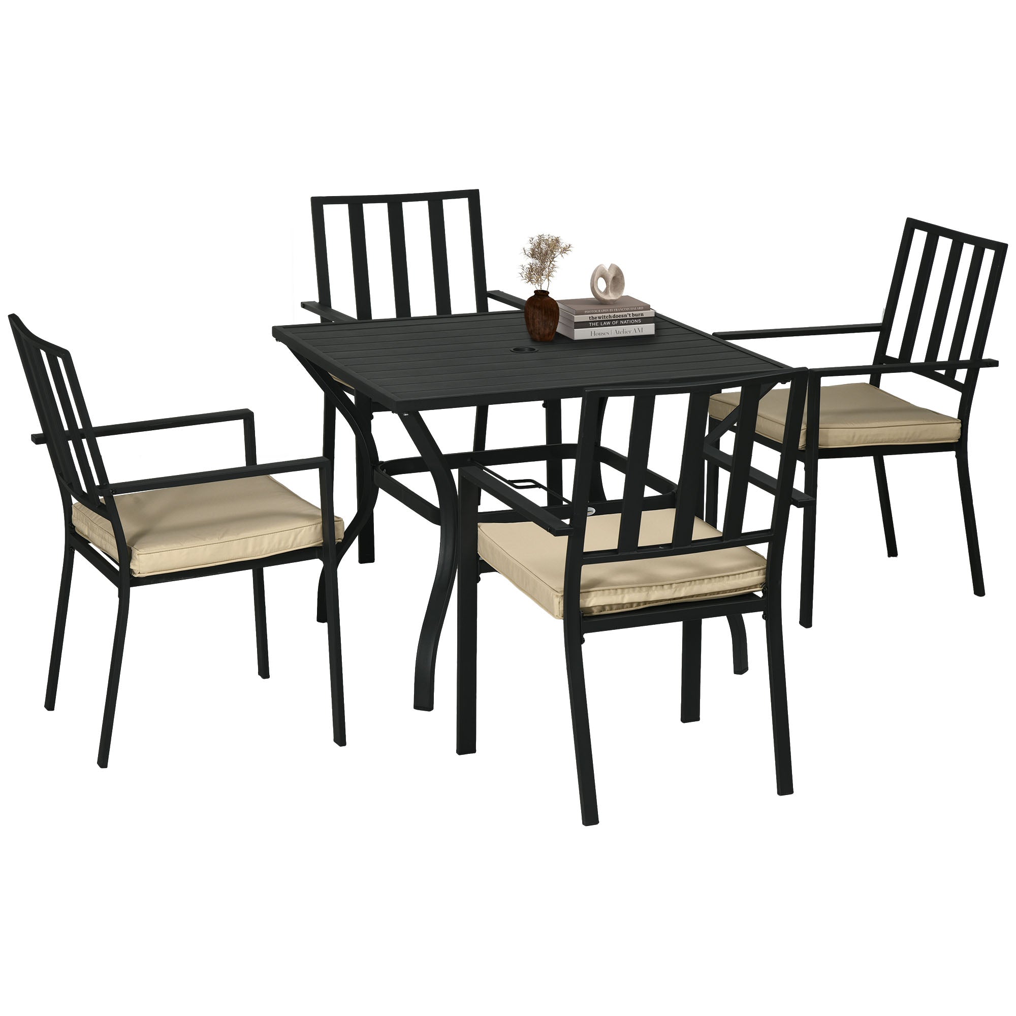 Outsunny 5 Pieces Garden Dining Set with Cushions, Outdoor Patio Table and 4 Stackable Chairs, Metal Top Table with Umbrella Hole, Black