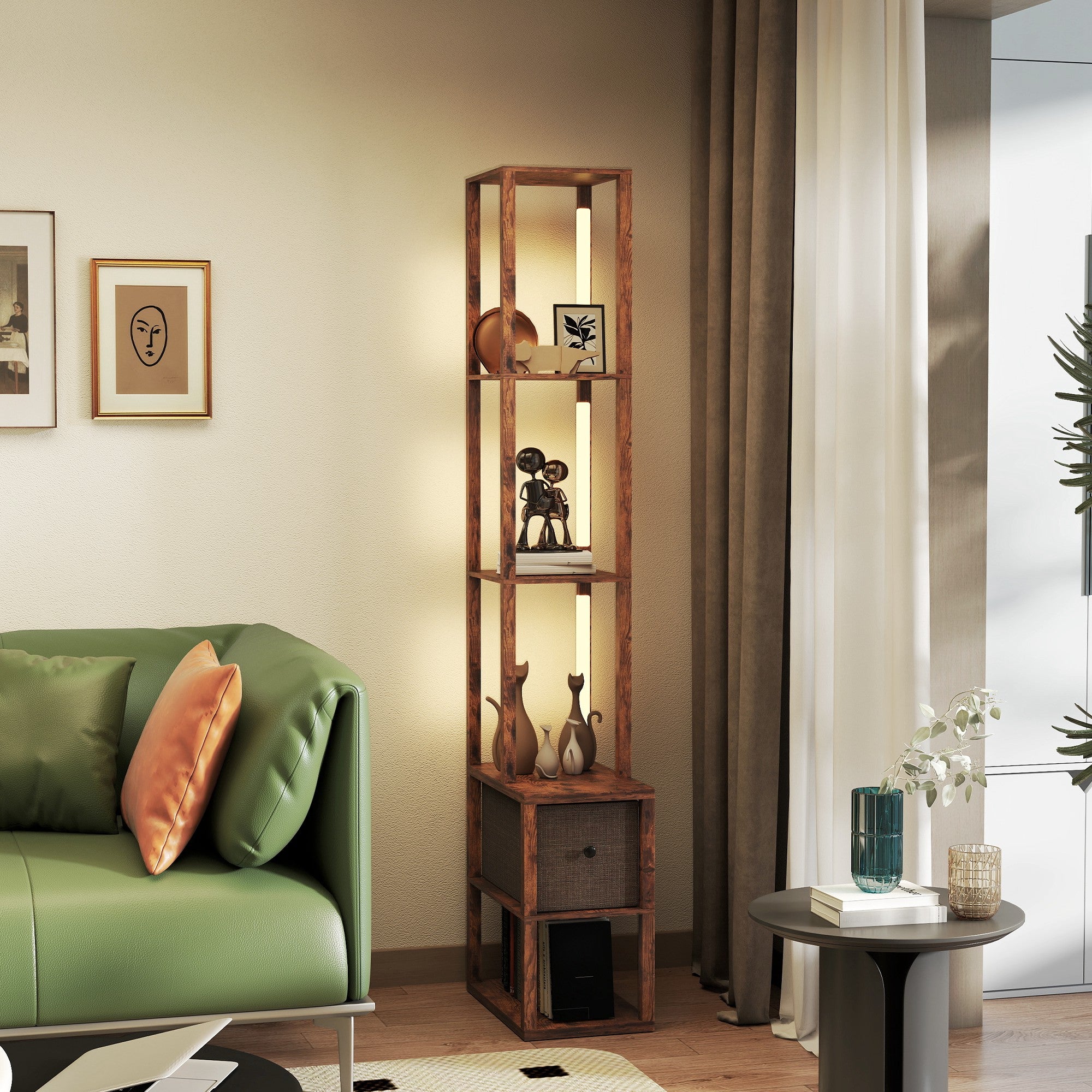 HOMCOM Floor Lamp with Shelves, LED Column Modern Standing Lamp with Fabric Drawer, Adjustable Brightness, Foot Switch for Living Room, Bedroom, Office, Rustic Brown