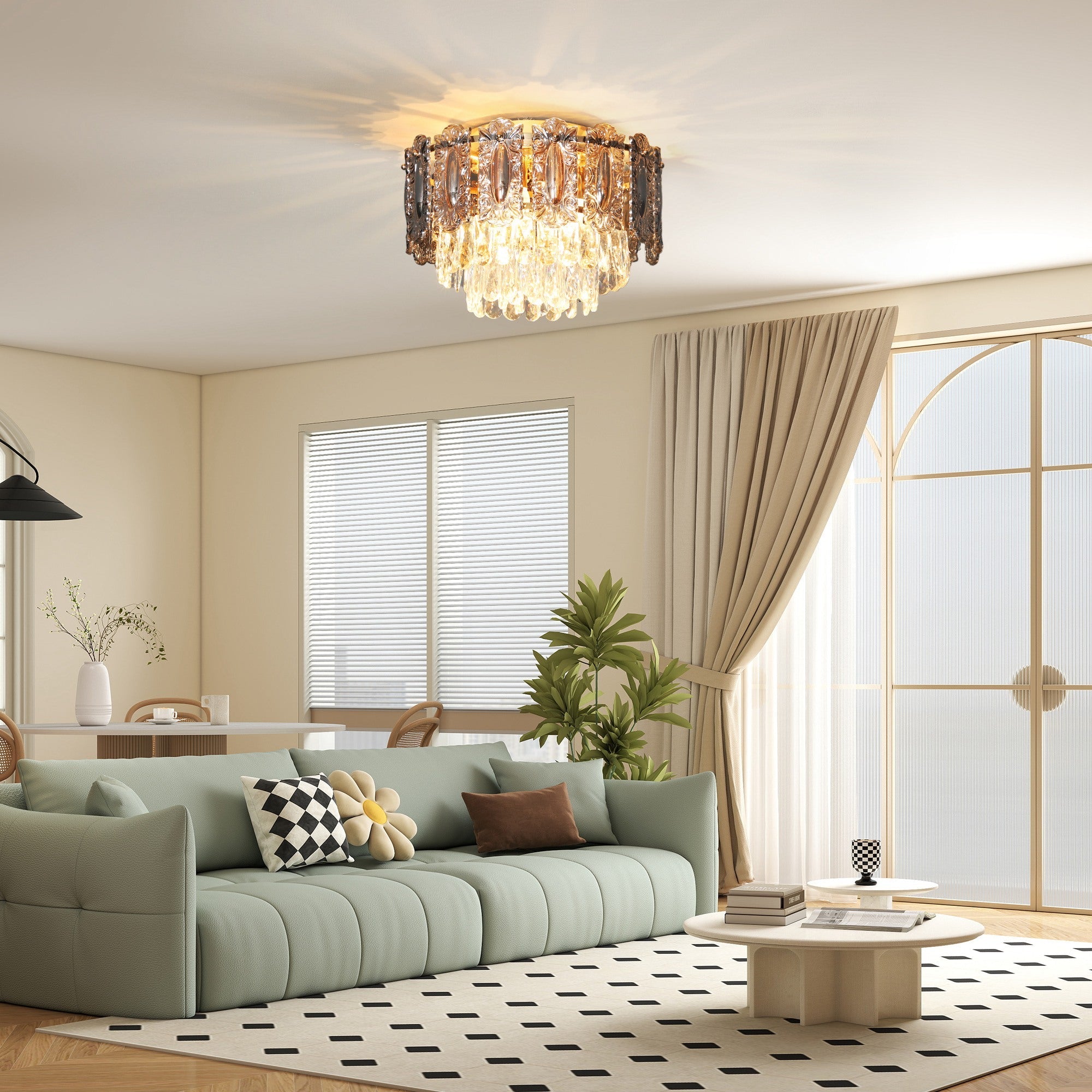 HOMCOM Chandelier Ceiling Light, 3-Light Vintage Flush Mount Fixture with Dual Crystal and Smoke Glass Shade, LED Ceiling Light for Living Room Bedroom, 3 E27 Sockets, Bulbs Not Included, Gold Tone