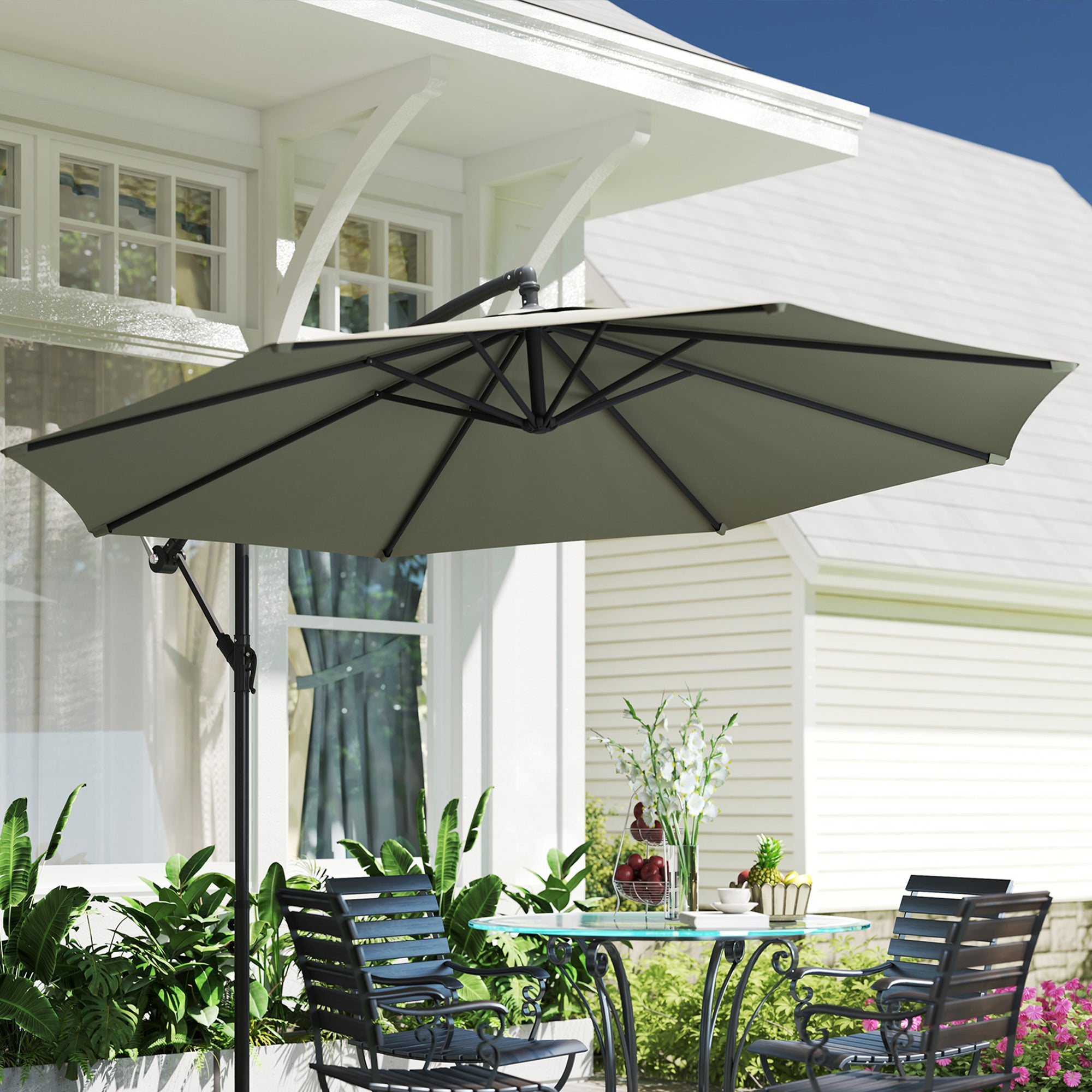 Outsunny 3m Overhanging Cantilever Parasol, with Cross Base - Light Grey