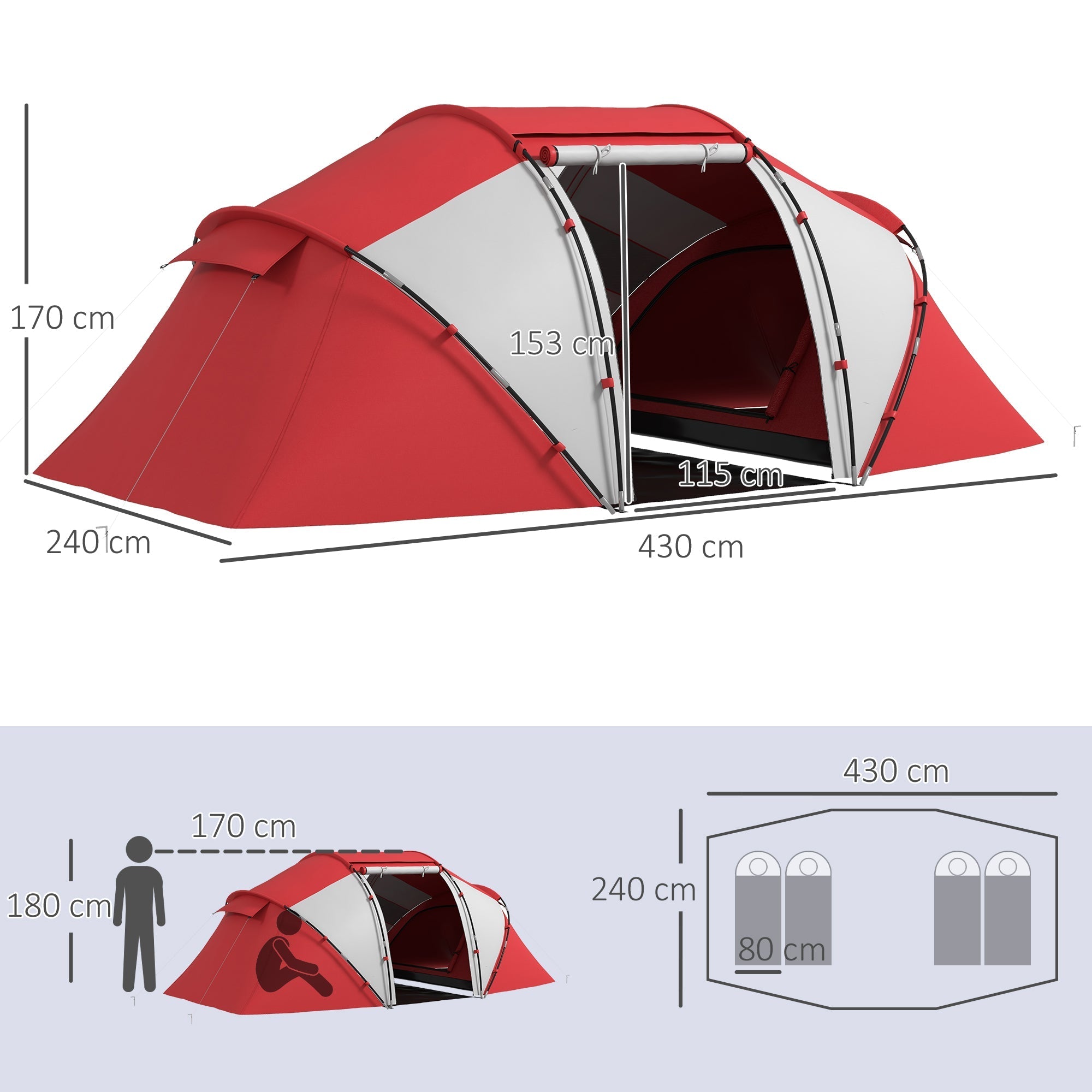Outsunny 4-6 Man UV Protection Camping Tent - Grey and Red