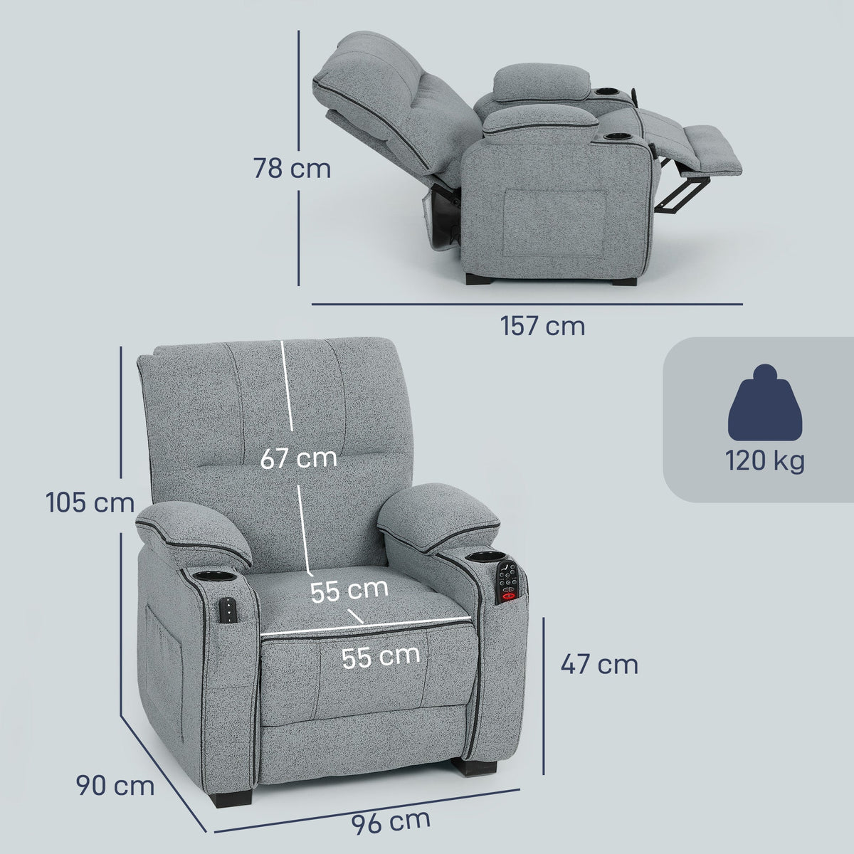 HOMCOM Electric Massage Recliner Armchair with Vibration, Heat, Whisper-Quiet Motor, Memory Function, Velvet Power Reclining Chair with Spring Pack, USB Port, Footrest, Side Pockets, Cup Holders, Grey