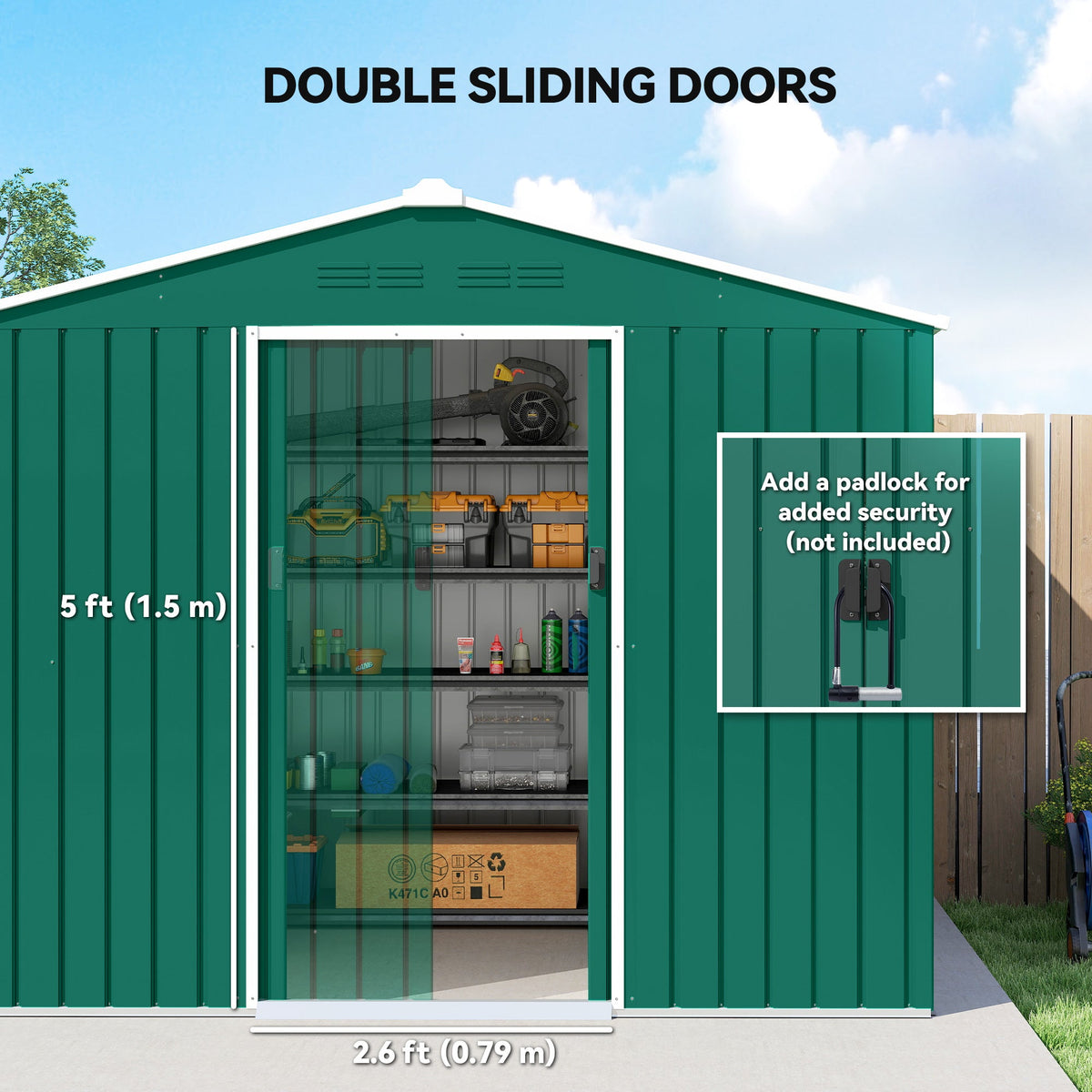 Outsunny 8 x 6ft Galvanised Steel Shed, with Double Door - Green