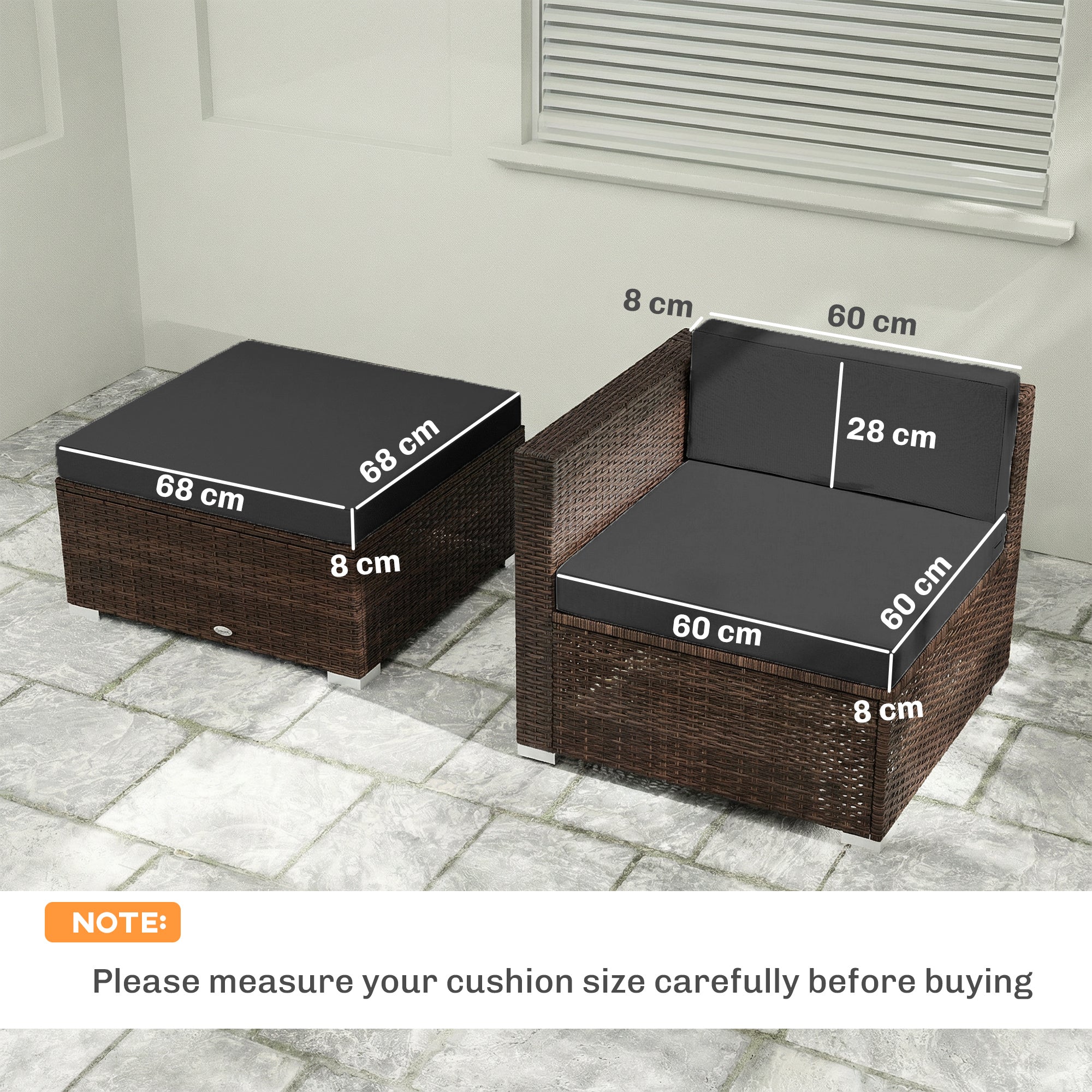 Outsunny 7-Piece Patio Furniture Cushions, Outdoor Loveseat Cushion with Removable Covers for Rattan Furniture, 60x60 cm, Black