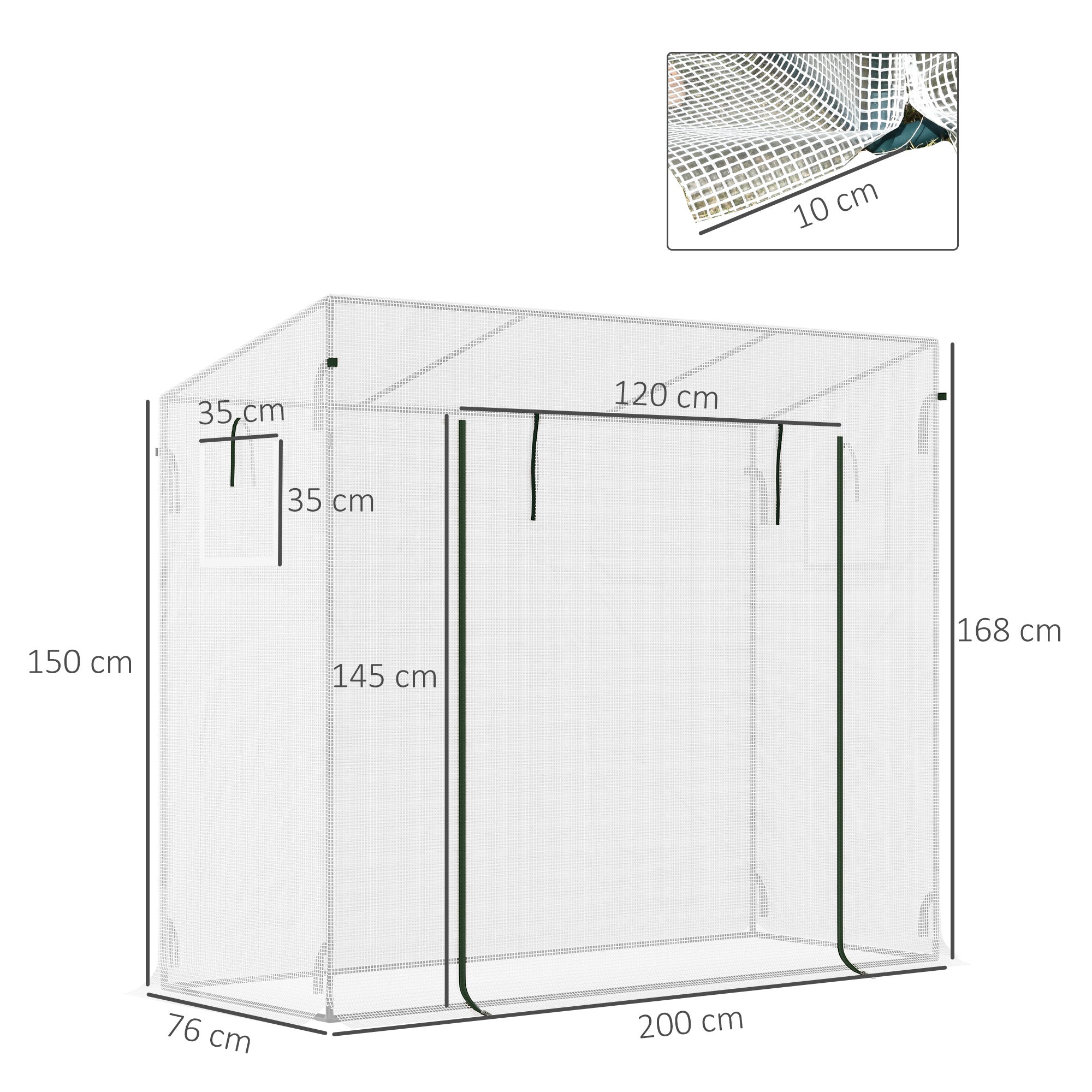 Outsunny Small Walk-in Garden Greenhouse with Steel Frame, Large Roll-up Door and Windows, 200Lx76Wx168Hcm, White