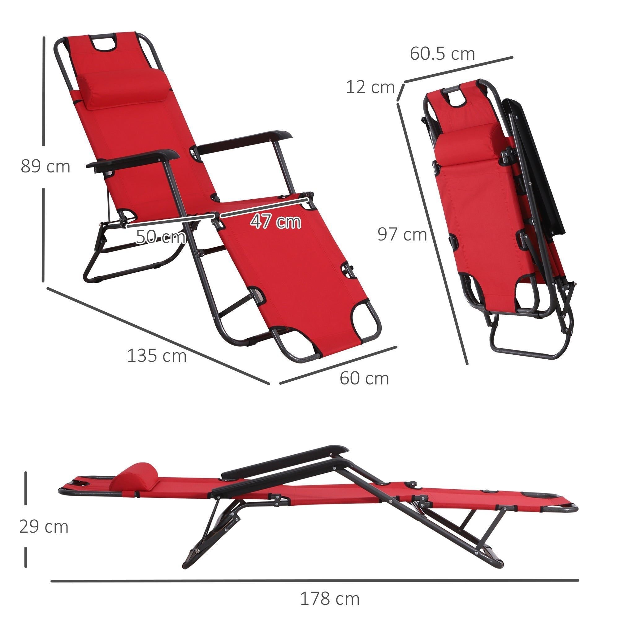 Outsunny 2 in 1 Folding Sun Lounger Reclining Garden Chair Set of 2 with 2-Level Adjustable Backrest, Outdoor Zero Gravity Recliner Garden Chairs with Head Pillow and Armrests, Red