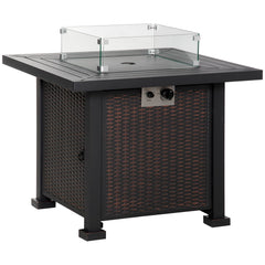 Outsunny Square Propane Gas Fire Pit Table, 50000 BTU Rattan Smokeless Firepit Patio Heater with Glass Screen, Glass Beads and Lid, 81cm x 81cm x 64cm, Black