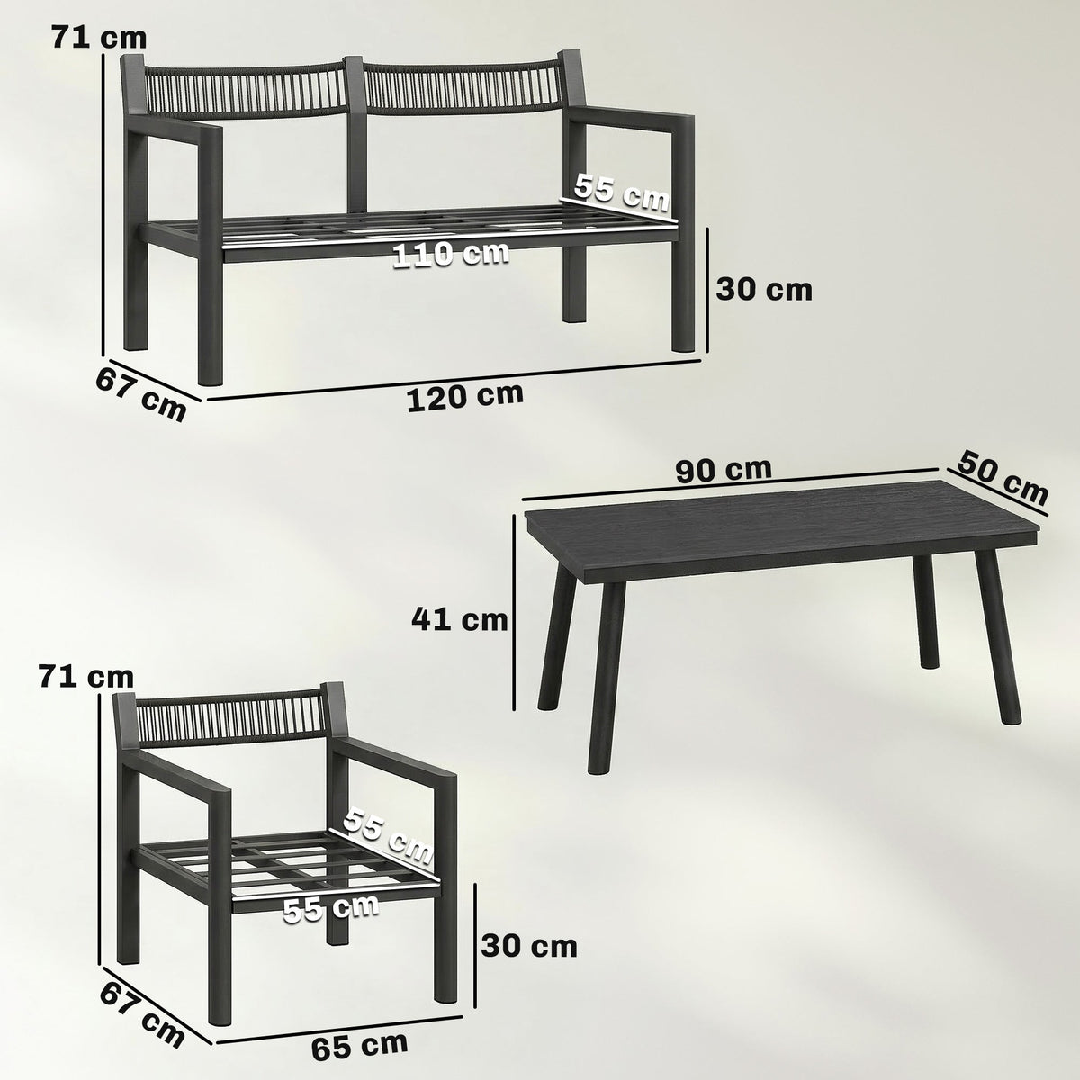 Outsunny 4 Seater Rattan Garden Furniture Set with 2 Armchairs, Loveseat, Coffee Table, Garden Sofa Set with Cushions, Dark Grey