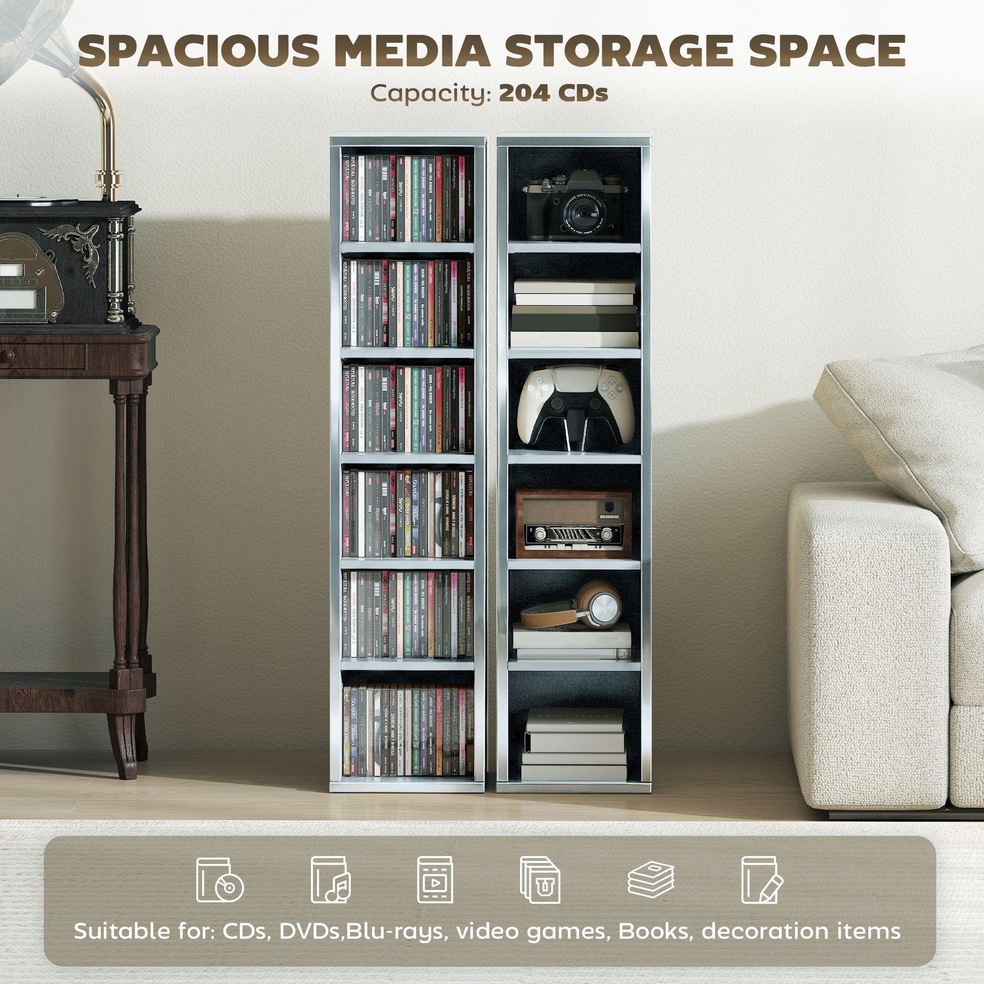 HOMCOM Set of 2 CD Media Display Shelf Unit Tower Rack with Adjustable Shelves, High Gloss Grey