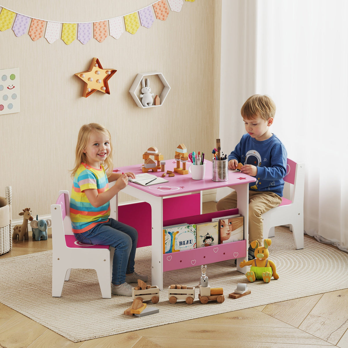 AIYAPLAY 3 Pieces Kids Table and Chair Set, Toddler Activity Table with Bookshelves, for Living Room, Nursery, Playroom, Pink