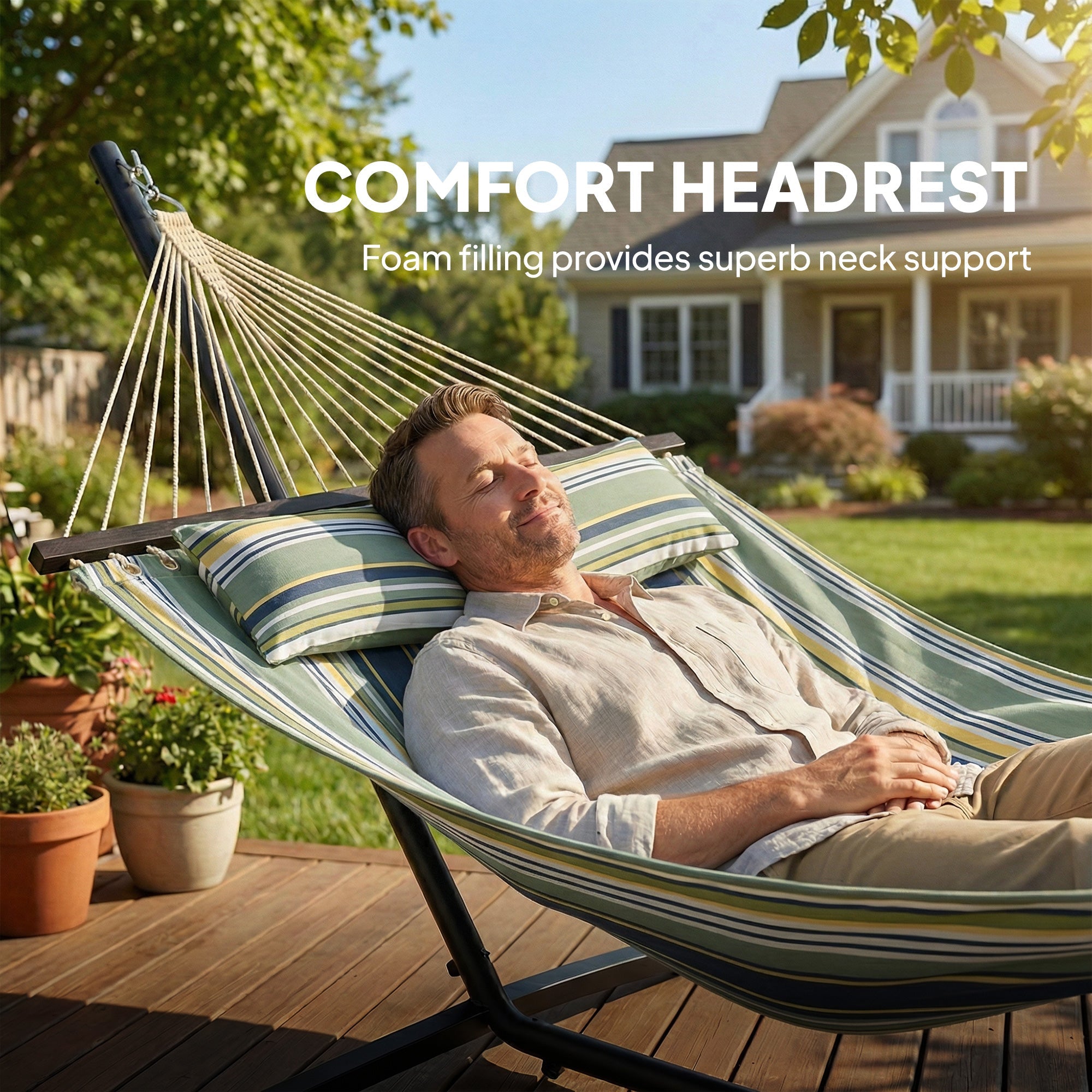 Outsunny Outdoor Hammock with Stand Detachable Pillow Striped Swing Steel Frame, for Garden, Patio, Green