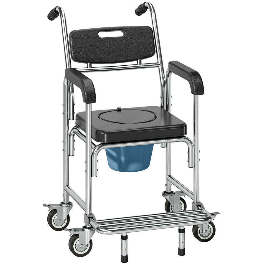 HOMCOM Transport Beside Shower Chair, 3-in-1 Commode Chair with Wheels and Padded Seat, Black