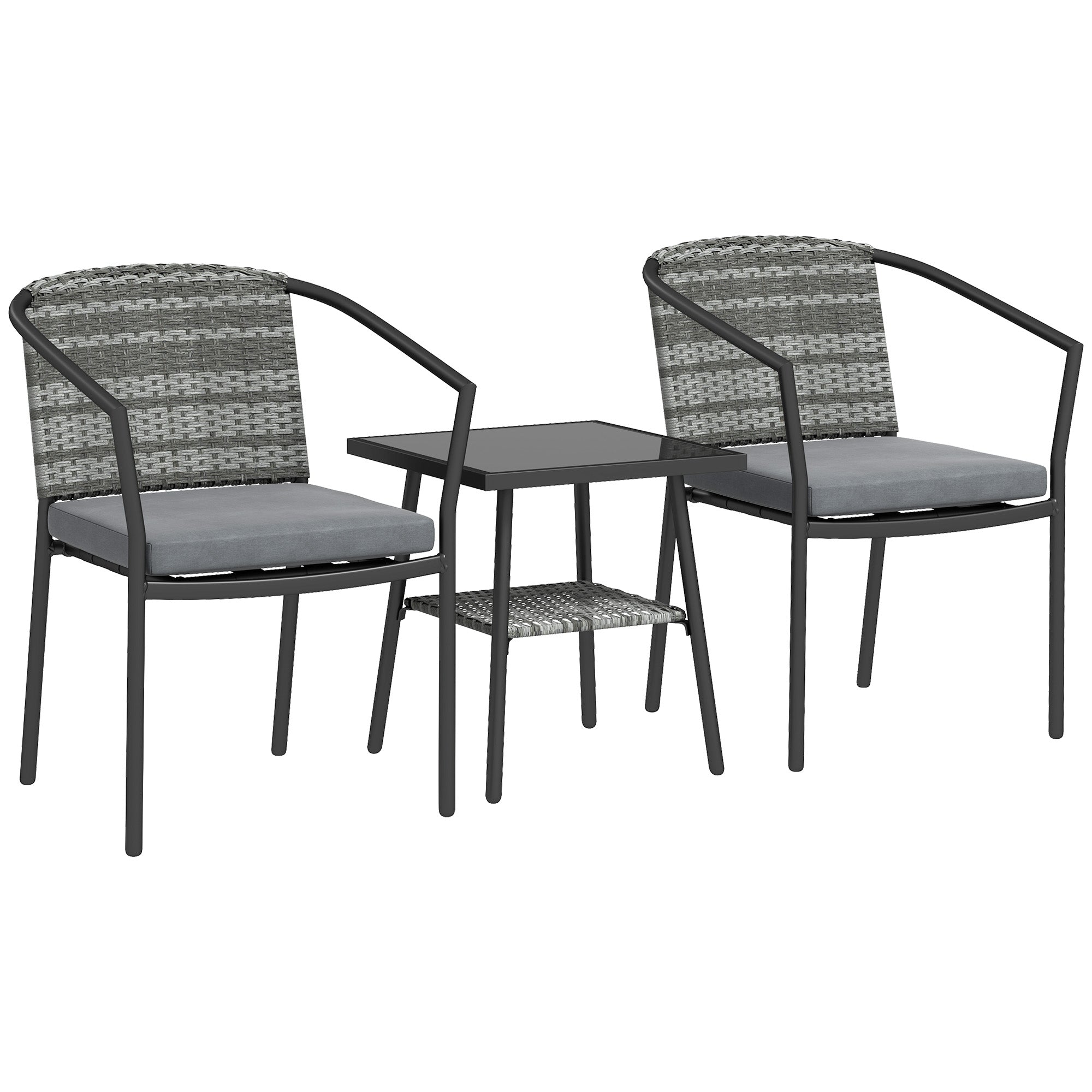Outsunny 3 Pieces Rattan Bistro Set with Cushions, Wicker Garden Furniture Set, Glass Top Coffee Table and Chairs for Outdoor Patio, Balcony, Terrace and Conservatory, Grey