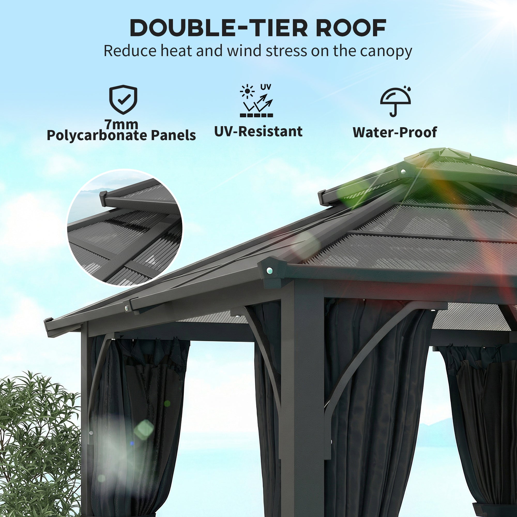 Outsunny 2.5 x 2.5 m Hardtop Gazebo Canopy with 7mm PC Roof, Garden Gazebo Permanent Pavilion with Netting, Curtains, Dark Grey