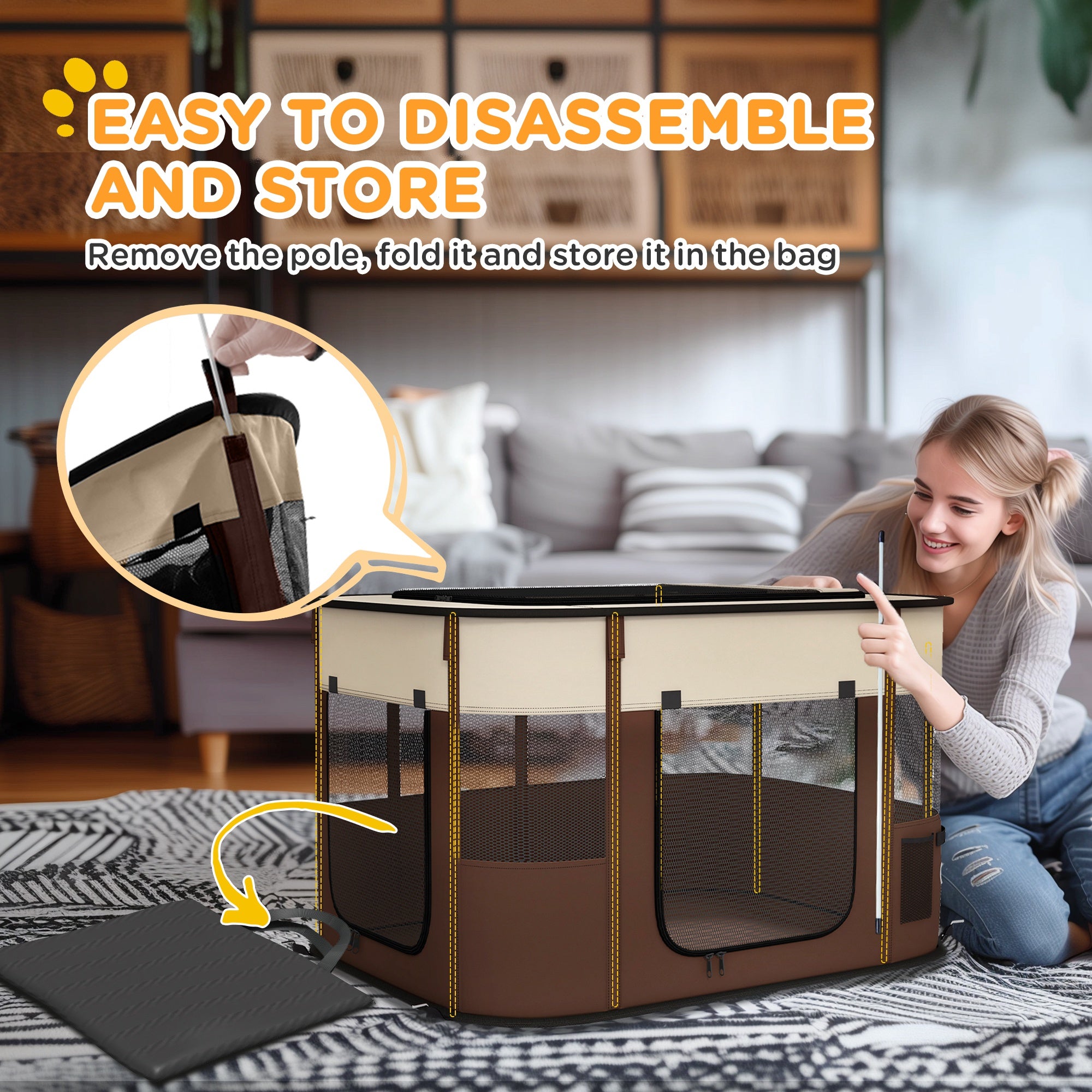 PawHut Foldable Dog Pen with Storage Bag for Indoor/Outdoor Use, Portable Pet playpen, with Ground Stakes - Brown