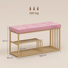 HOMCOM Bench and Shoe Storage, Tufted Shoe Storage Bench with Velvet Seat Cushion Gold Steel Frame for Entryway, Pink