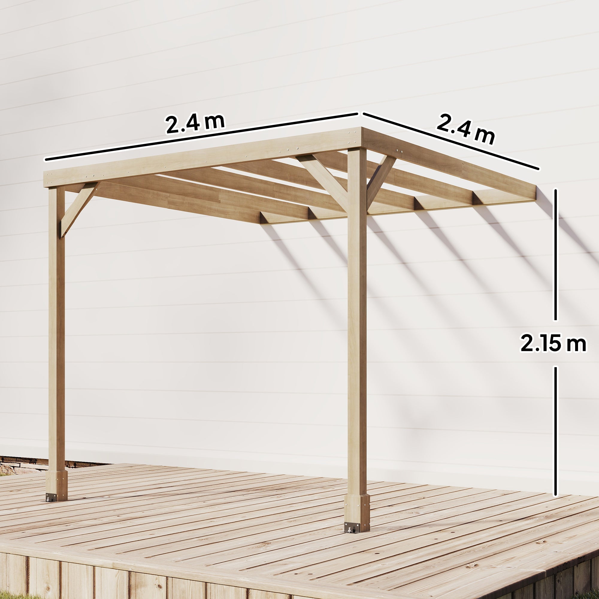 Outsunny Lean-To Wooden Pergola Kit, Decorative Garden Gazebo with Stable Structure and Concrete Anchors, 2.4 x 2.4m, Light Brown