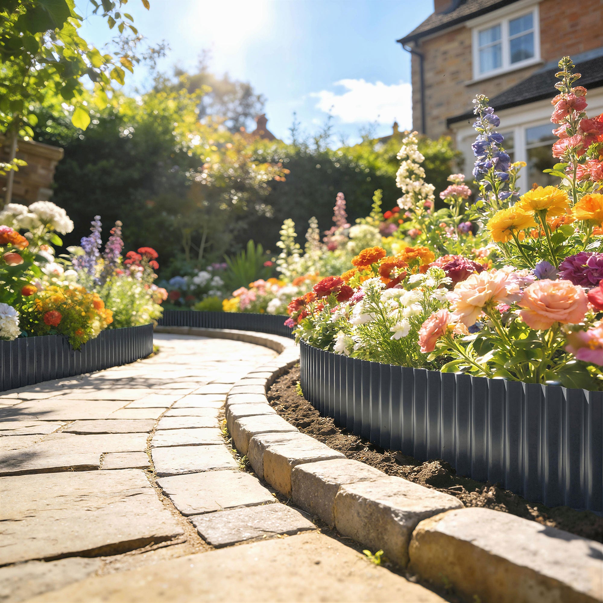 Outsunny Metal Garden Edging Border, 8 in x 21.3 ft Corrugated Heavy Duty Galvanised Steel Lawn Edging, Dark Grey