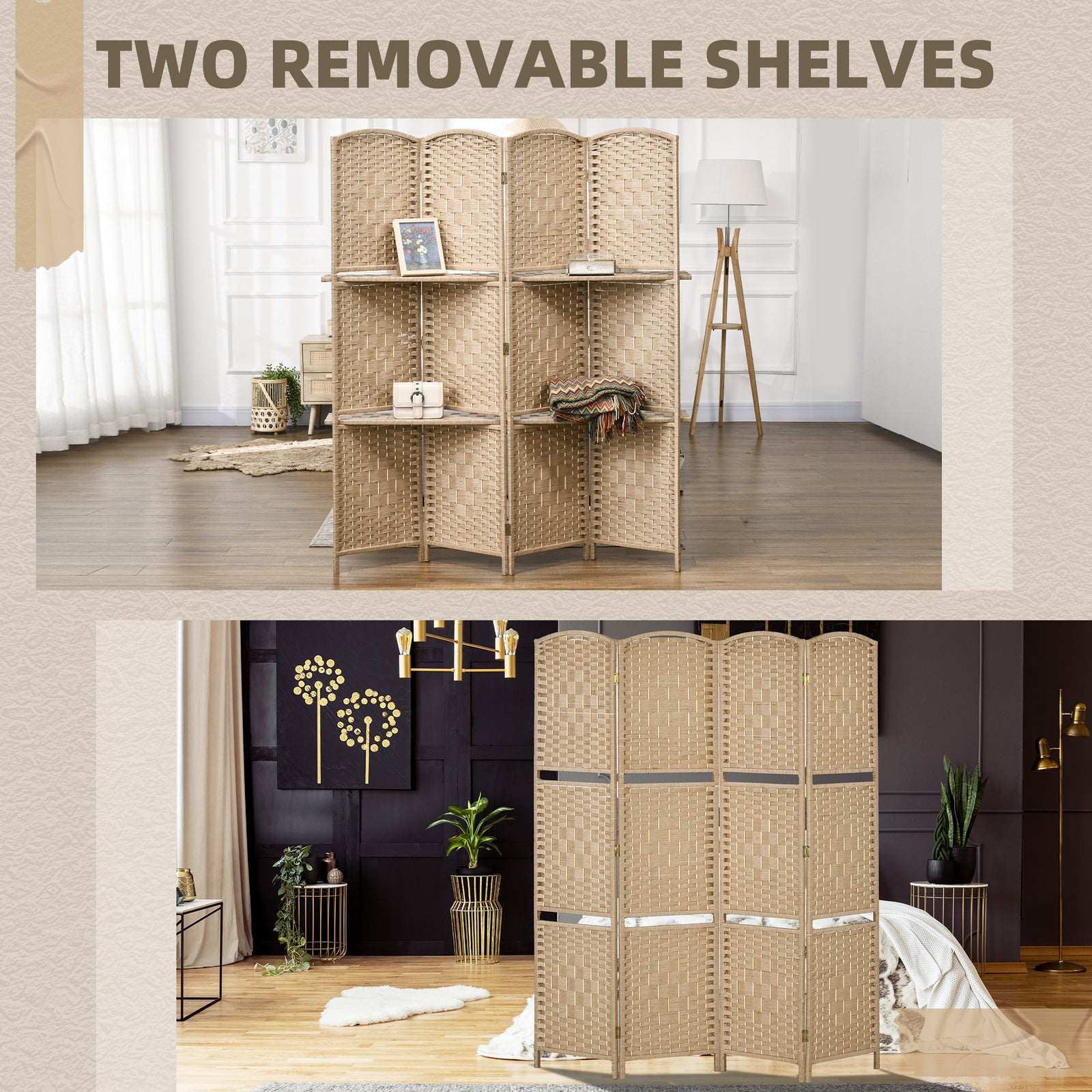 HOMCOM Freestanding Privacy Screen, 4 Panel Folding Room Divider for Living Room, Bedroom and Office, 160 x 170cm, Natural