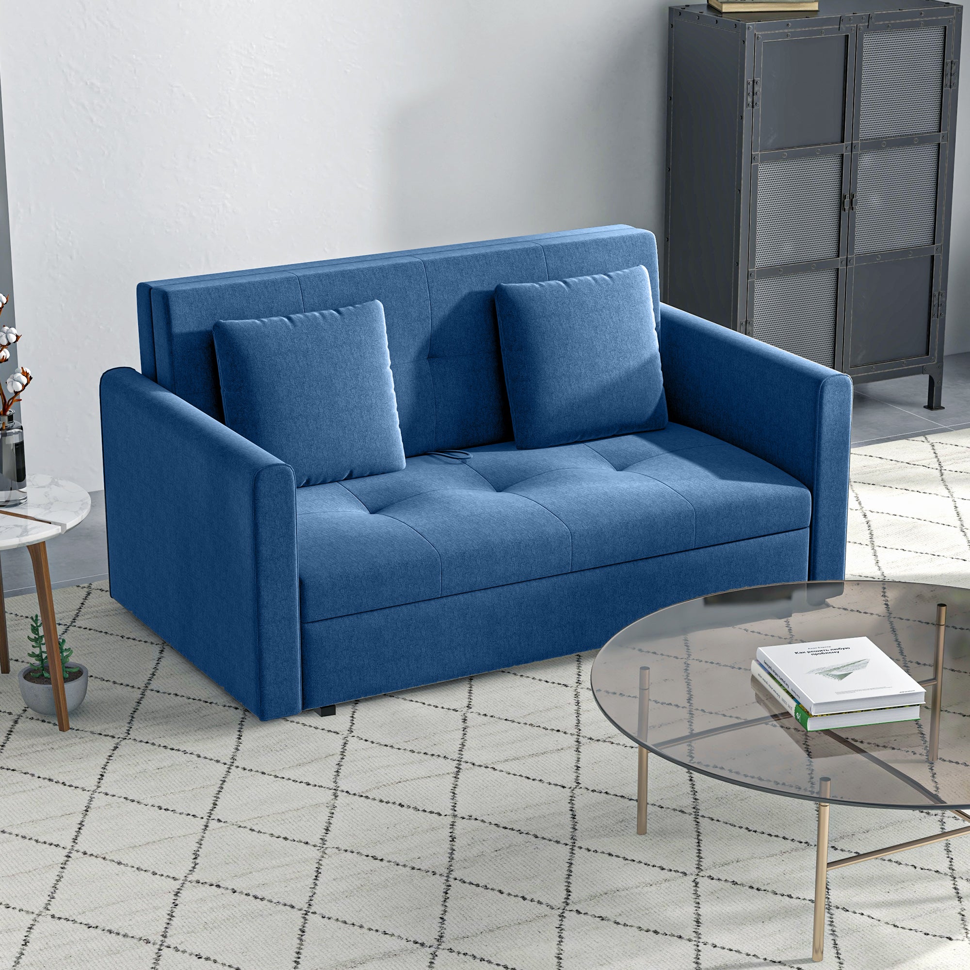 HOMCOM 2 Seater Sofa Bed, Convertible Bed Settee, Modern Velvet Loveseat Sofa Couch with 2 Cushions, Hidden Storage for Living Room, Guest Room, Deep Blue