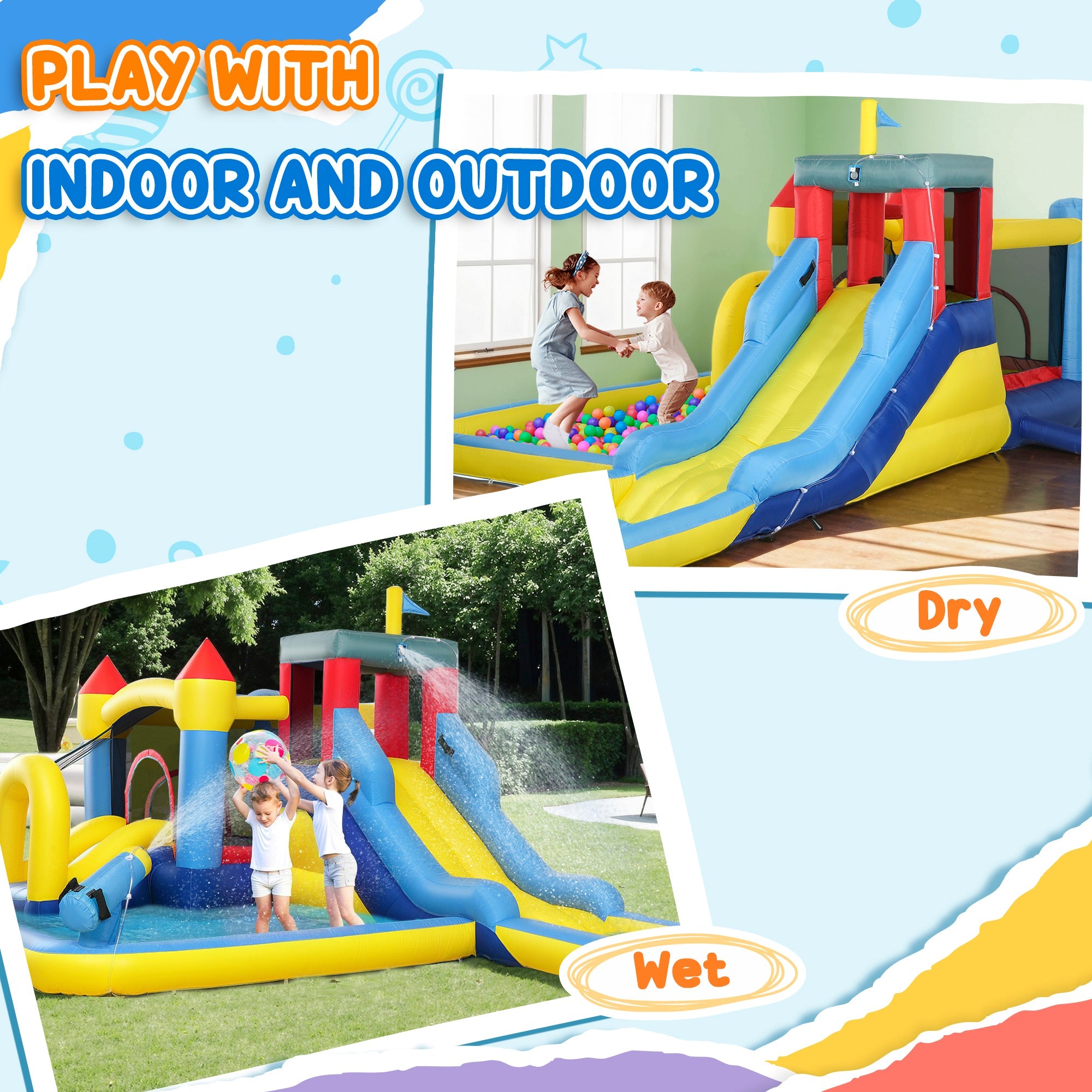 AIYAPLAY Inflatable Bouncy Castle, Kids Water Bounce House 6 in 1 with 550W Blower, 2 Slides for Garden, Party, Outdoor Indoor