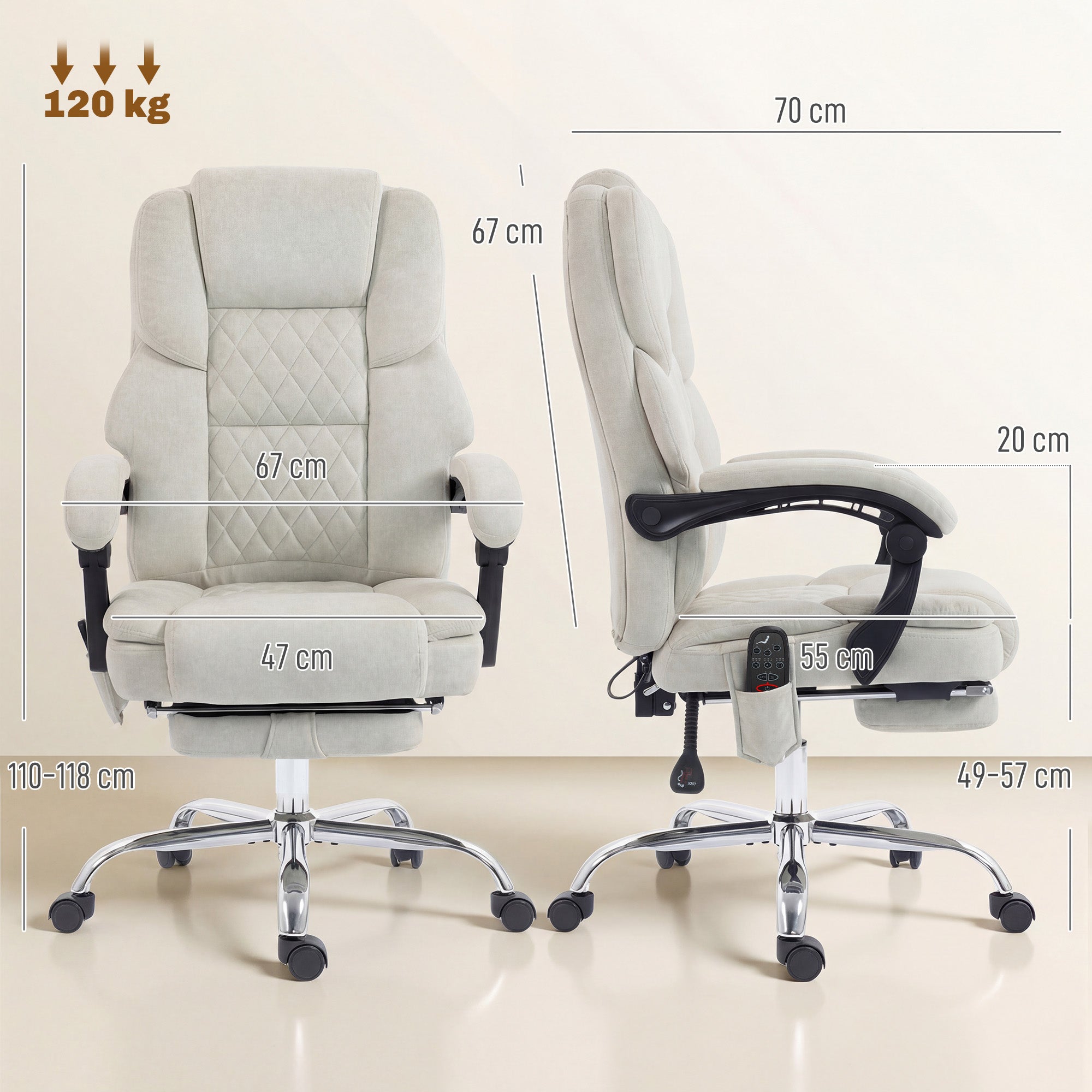 HOMCOM Office Chair with 6-point Vibration Massage and Heat, Fabric Desk Chair with Footrest, High Back, Cream White