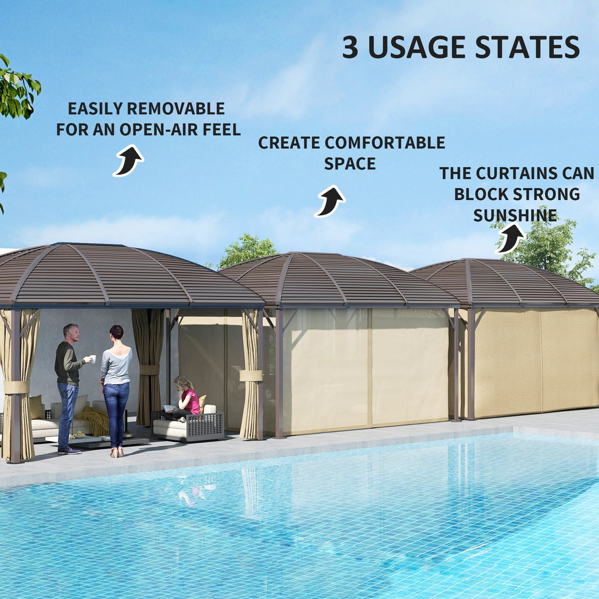 Outsunny 3 x 4m Hardtop Gazebo Canopy with Metal Roof, Aluminium Gazebo Permanent Pavilion with Netting and Curtains, Brown
