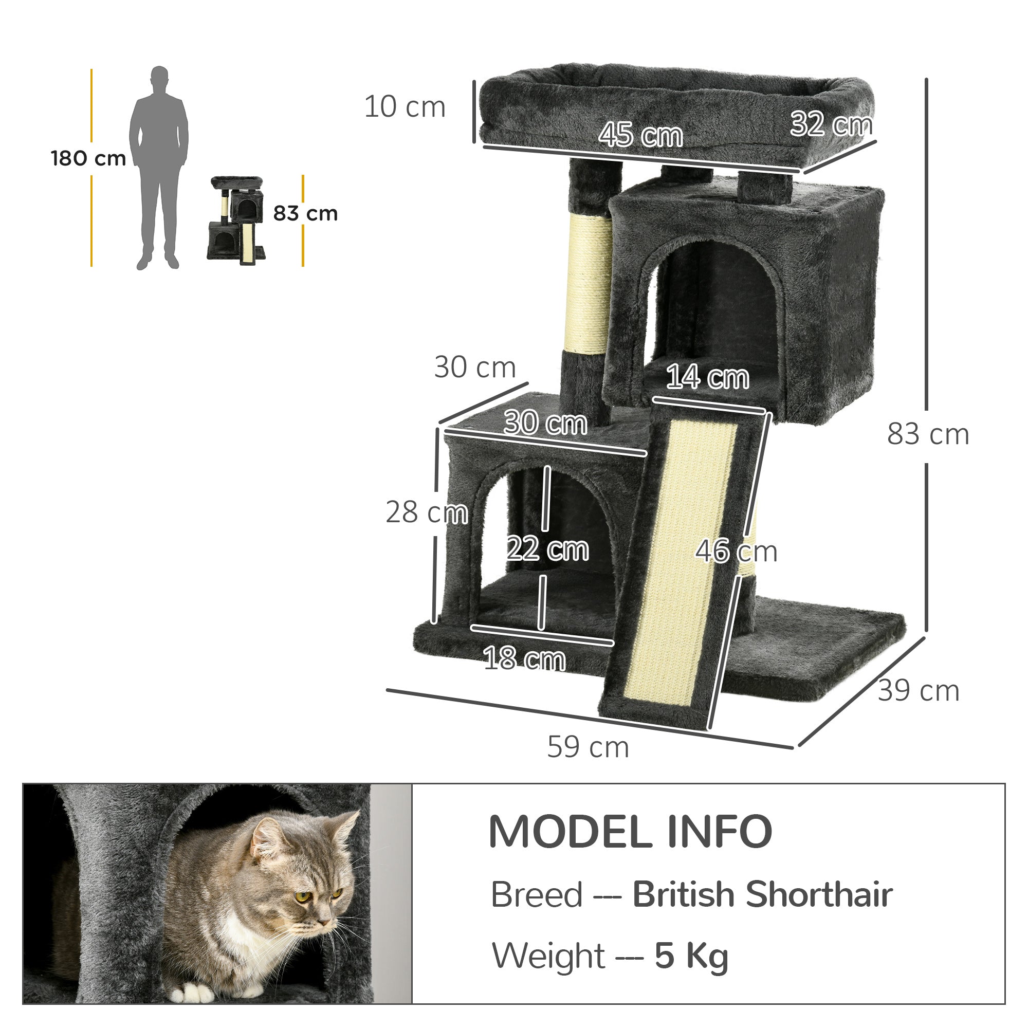 PawHut Cat Tree for Indoor Cats 81cm Cat Scratching Post Scratch Board Kitten Tower Climbing Frame Black