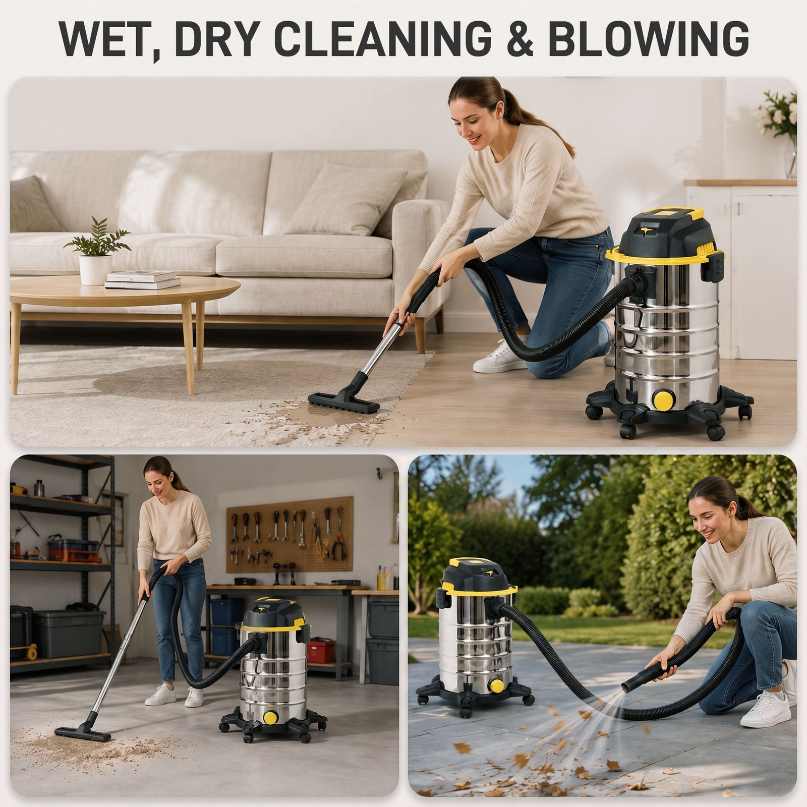 HOMCOM 1400W Vacuum Cleaner, 3-in-1 Wet and Dry Vacuum Cleaner with Blowing Mode and 30L Stainless Steel Tank, Silver Tone