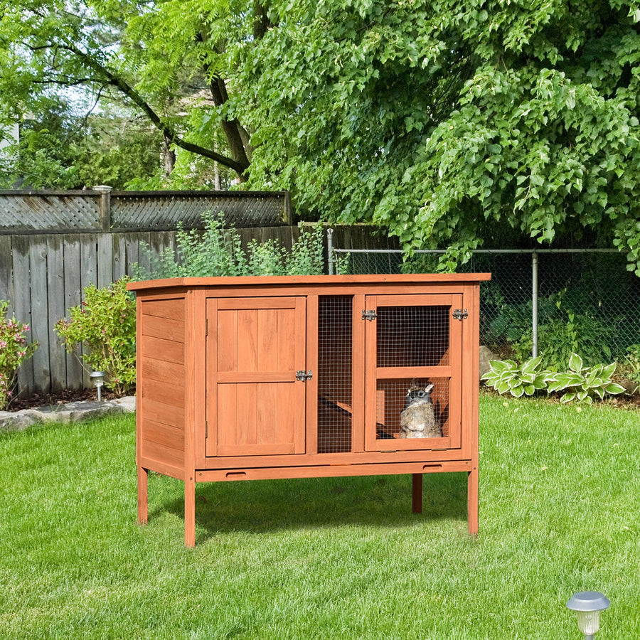 PawHut Wooden Guinea Pigs Hutches Elevated Pet Bunny House with Slide-Out Tray Openable Roof