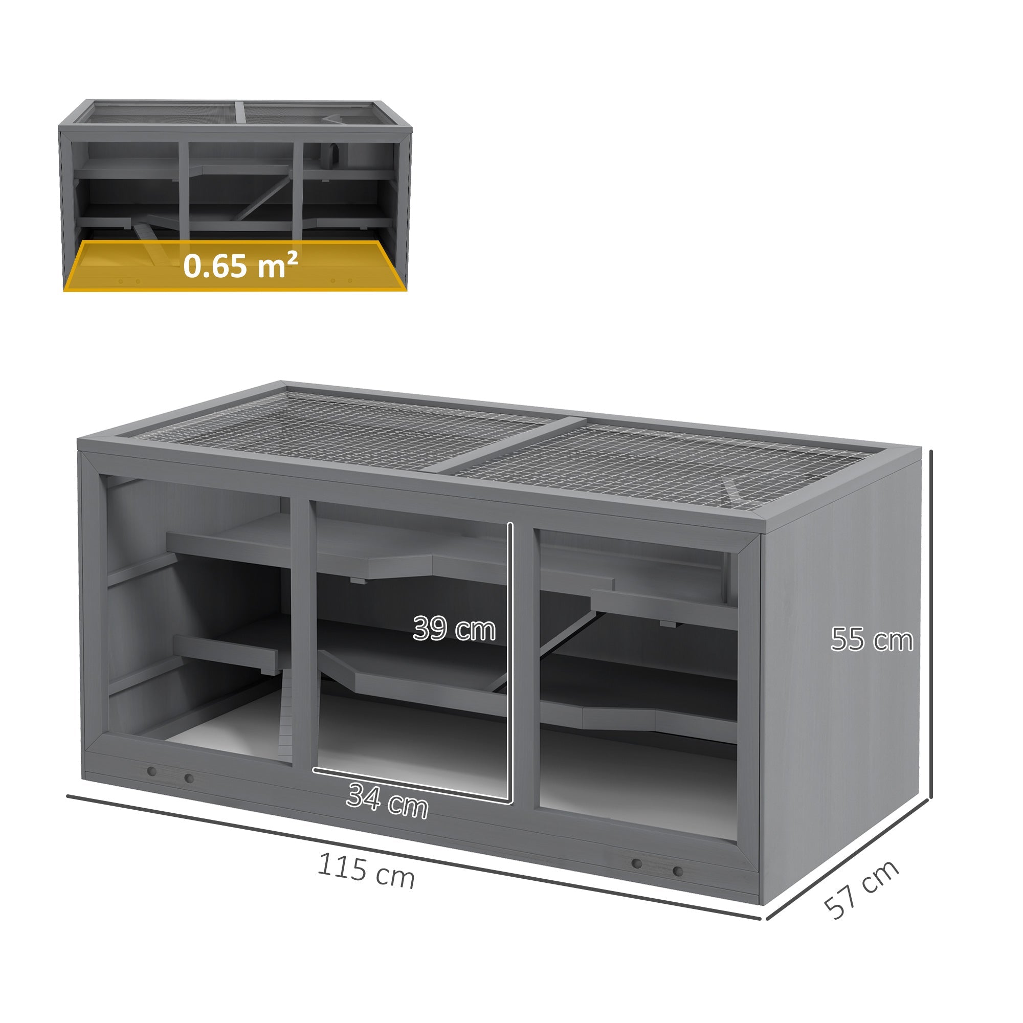 PawHut Wooden Hamster Cage, Small Animals Hutch with Tray, Openable Top, Exercise Play House Pen, 115L x 57W x 55Hcm, Grey