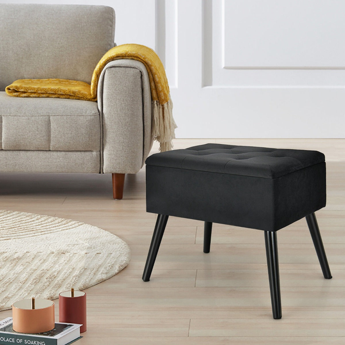 Modern Upholstered Flip Top Velvet Storage Ottoman Footrest-Black