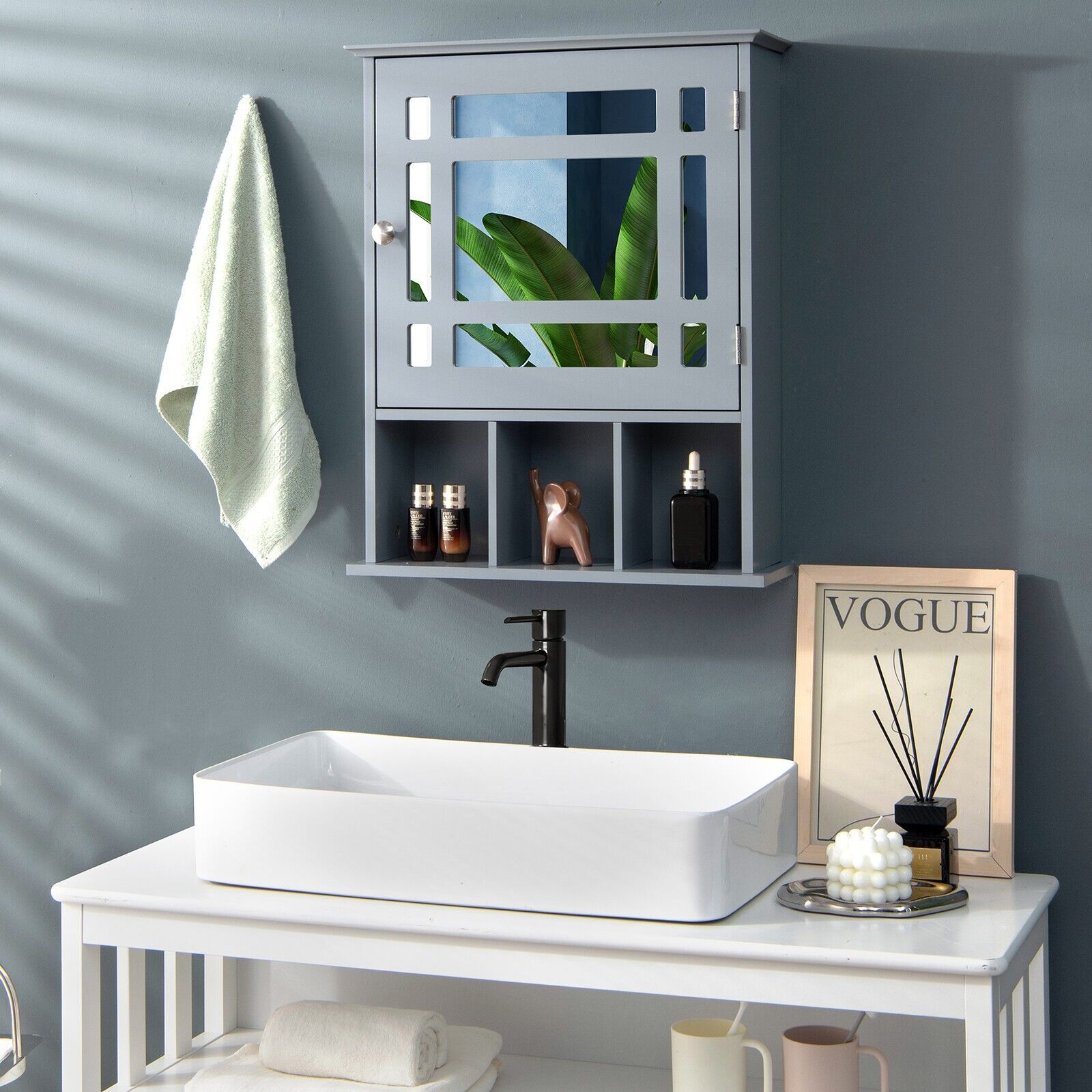 Mirror Door Cabinet with Adjustable Shelf and 3 Compartments-Grey