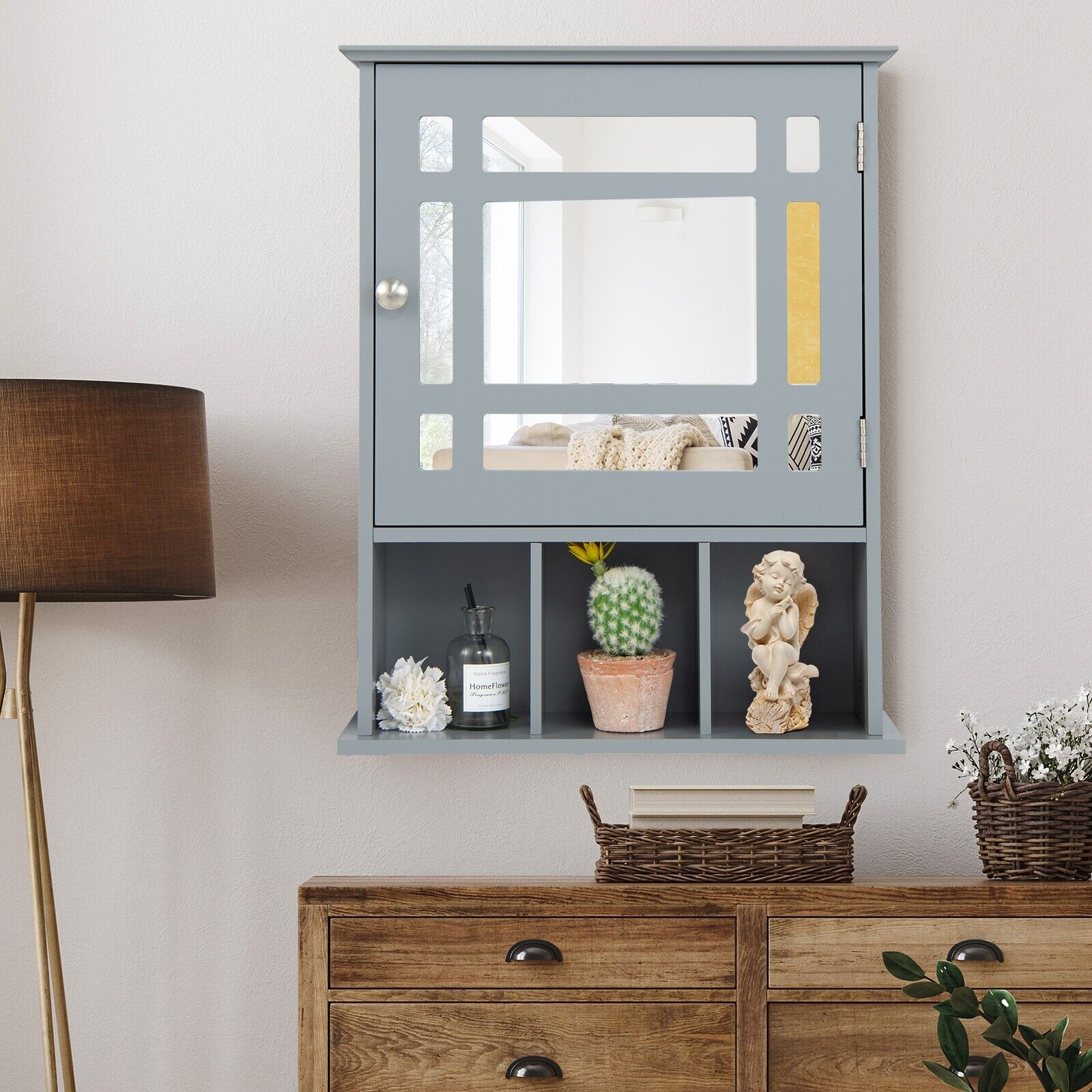 Mirror Door Cabinet with Adjustable Shelf and 3 Compartments-Grey