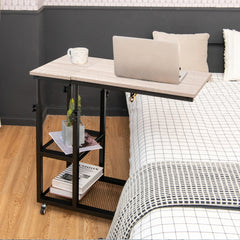 Mobile Couch Side Table with Height Adjustable Storage-Natural