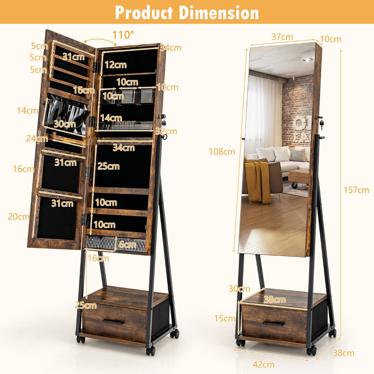 Mobile Standing Lockable Jewelry Cabinet with Full Length Mirror-Coffee