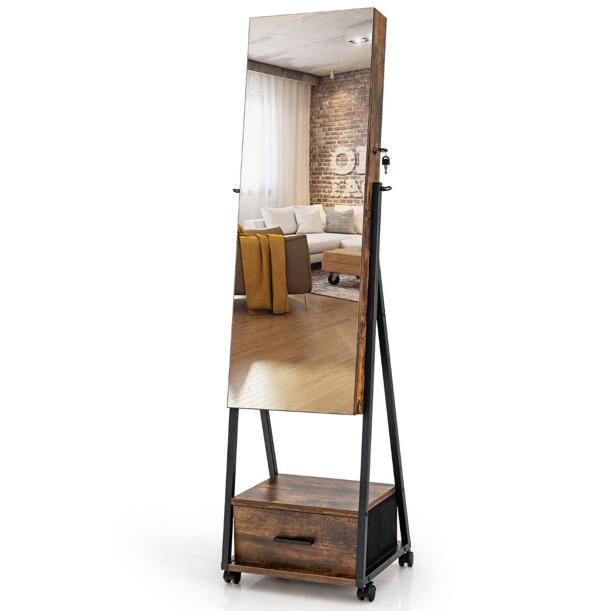 Mobile Standing Lockable Jewelry Cabinet with Full Length Mirror-Coffee